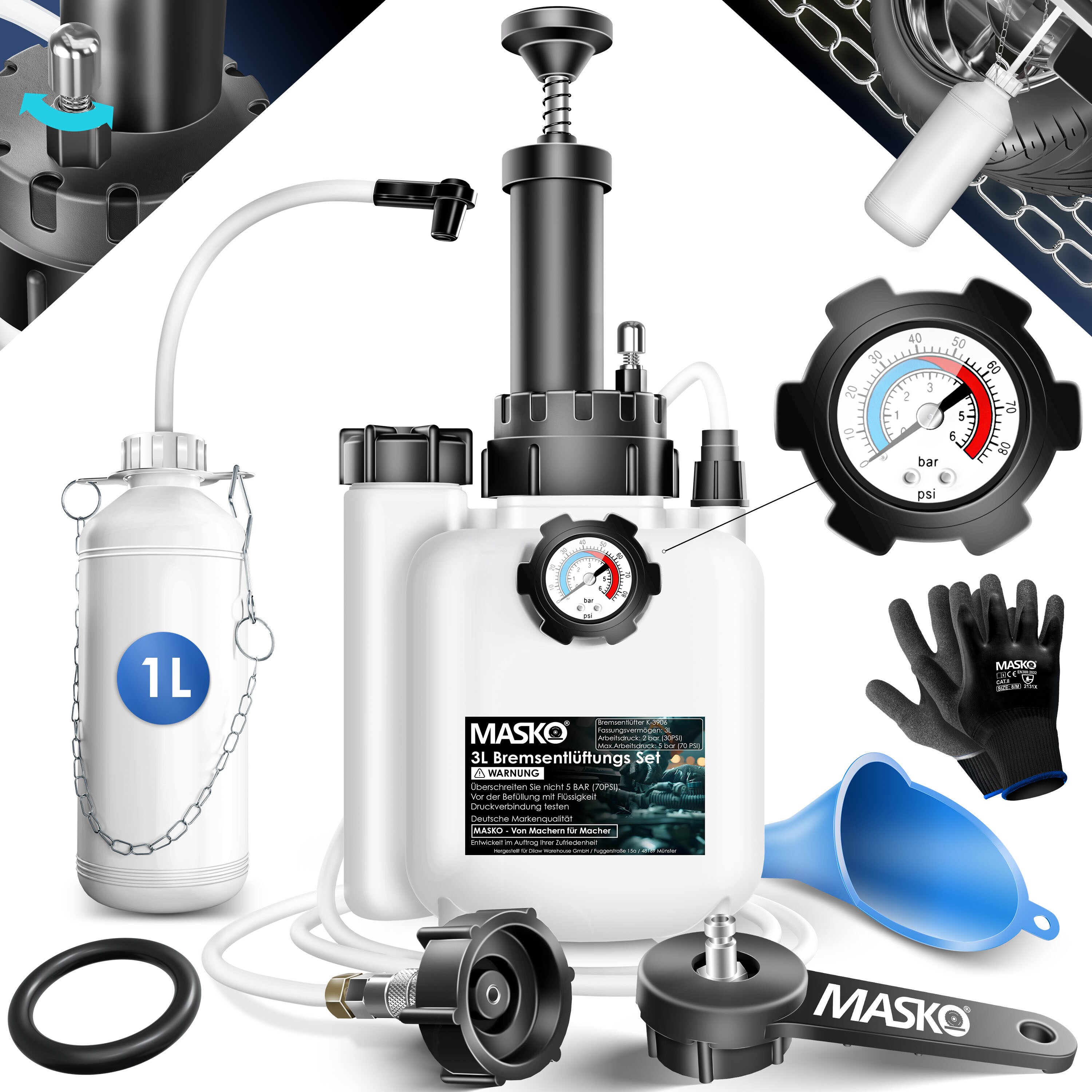 MASKO&reg; Bremsenentl&uuml;ftungsger&auml;t Auto Bremsentl&uuml;fter KFZ Bremsfl&uuml;ssigkeits-Wechselger&auml;t 3L f&uuml;r Scheibenbremsen & Trommelbremsen mit Handpumpe & 1L Absaugbeh&auml;lter f&uuml;r E20, Adapter, Schlauch & Zubeh&ouml;r 