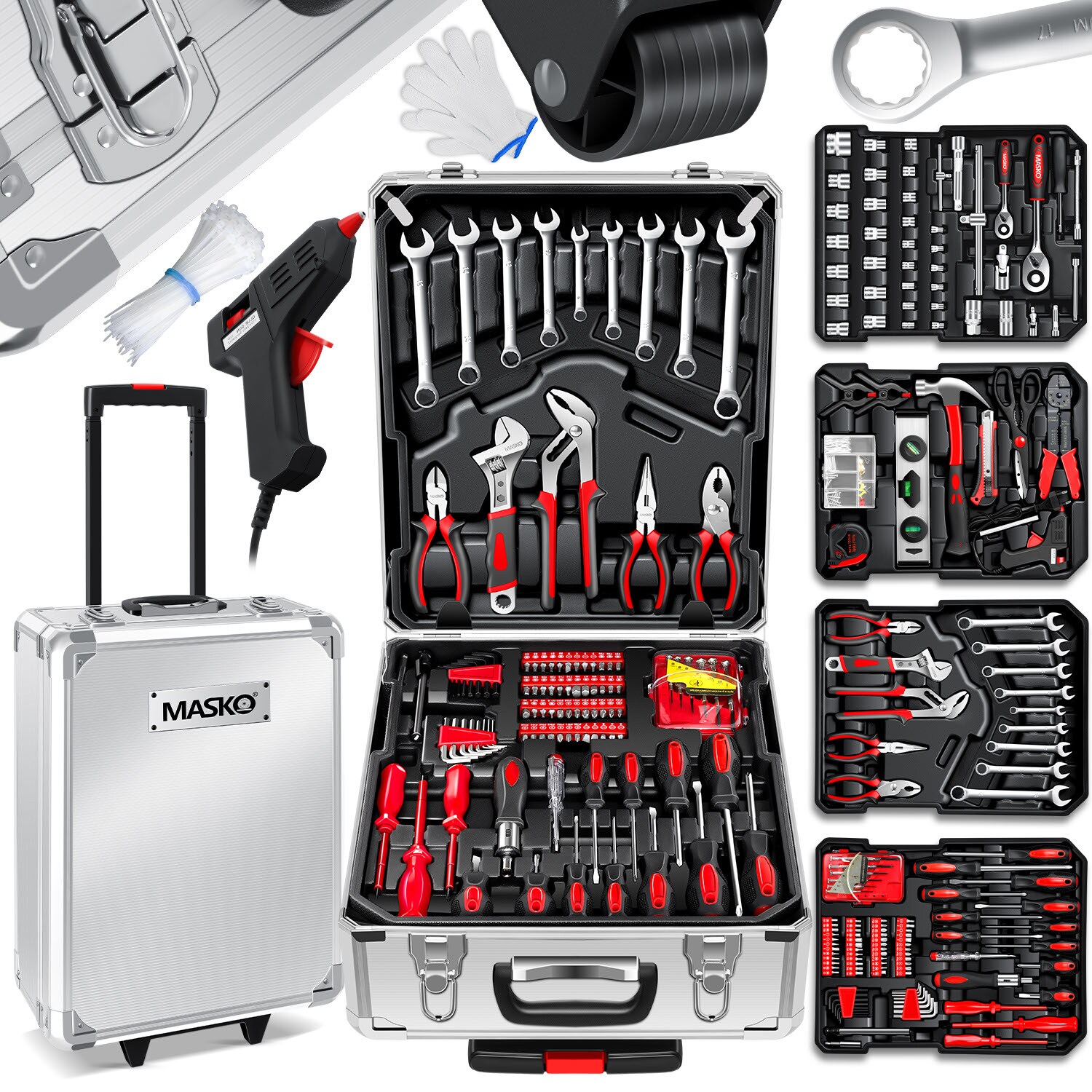 ® Werkzeugkoffer 1400-teilig gefüllt   Werkzeugset im Aluminiumkoffer   Werkzeugkasten mit Rollen   Werkzeugkiste Haushalt, Haus, Hobby, KFZ   Trolley-Funktion   Profi Werkzeugwagen Handwerkzeug