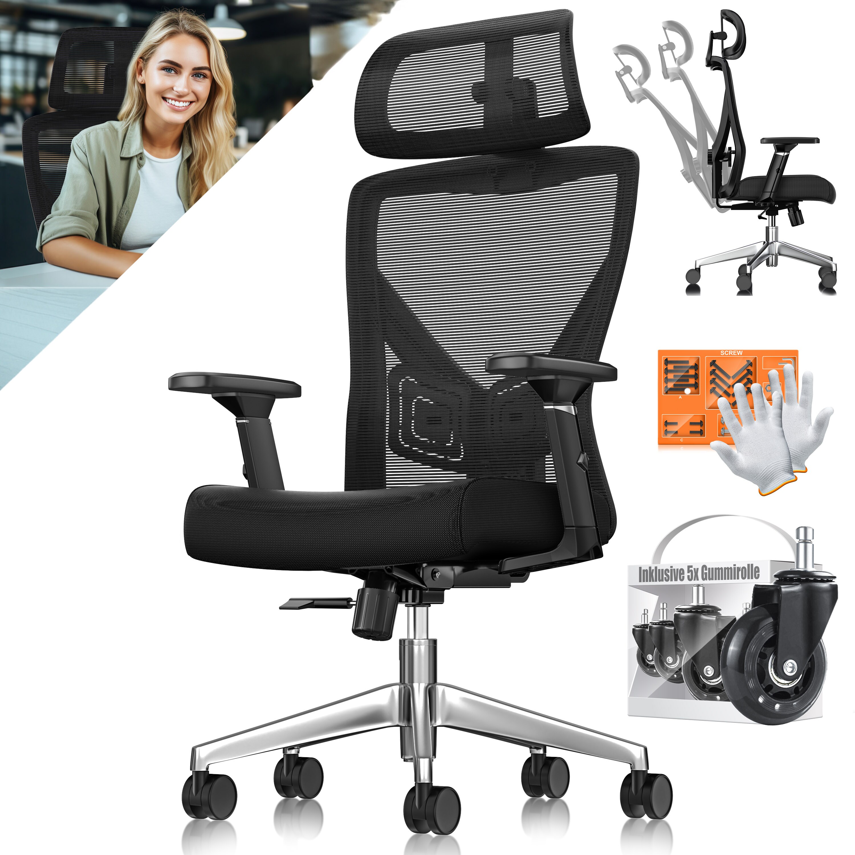 KESSER&reg; B&uuml;rostuhl mit verstellbaren Armlehnen | Drehstuhl mit Lendenwirbelst&uuml;tze R&uuml;ckenschonend | Schreibtischstuhl ergonomisch mit Kopfst&uuml;tze | Office Chair Wippfunktion bis 125&deg; mit 5x Gummirollen 