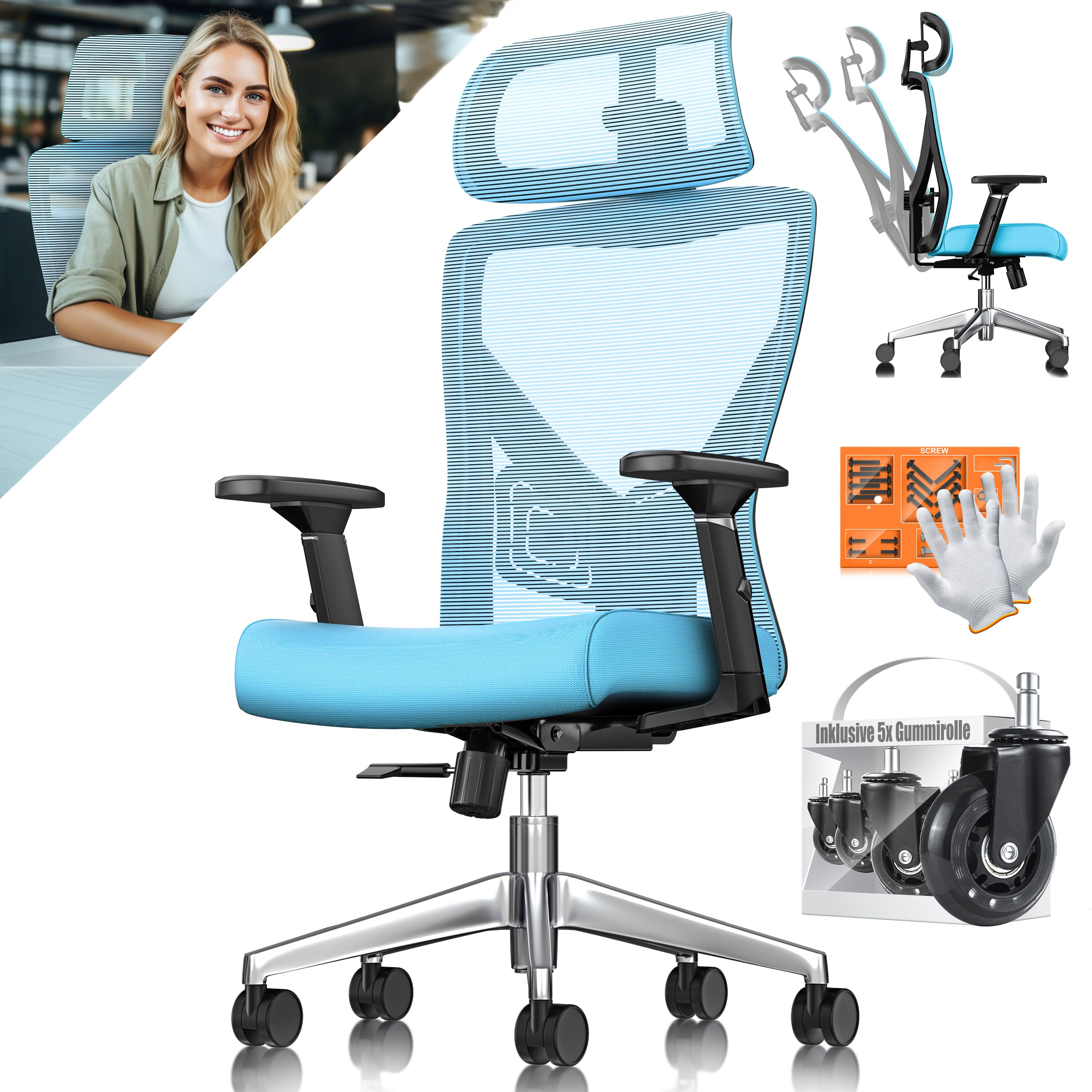 KESSER&reg; B&uuml;rostuhl mit verstellbaren Armlehnen | Drehstuhl mit Lendenwirbelst&uuml;tze R&uuml;ckenschonend | Schreibtischstuhl ergonomisch mit Kopfst&uuml;tze | Office Chair Wippfunktion bis 125&deg; mit 5x Gummirollen 