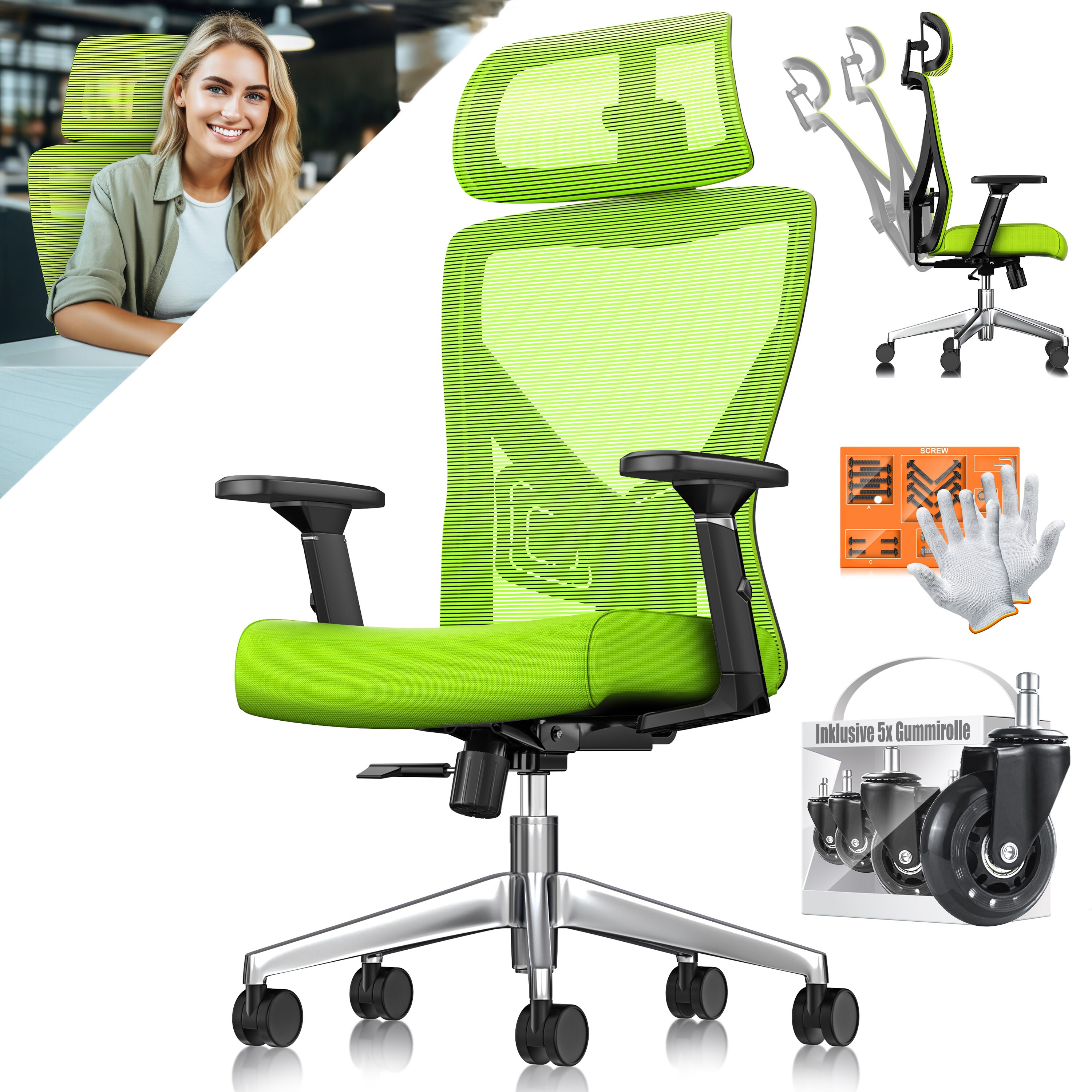 KESSER&reg; B&uuml;rostuhl mit verstellbaren Armlehnen | Drehstuhl mit Lendenwirbelst&uuml;tze R&uuml;ckenschonend | Schreibtischstuhl ergonomisch mit Kopfst&uuml;tze | Office Chair Wippfunktion bis 125&deg; mit 5x Gummirollen 