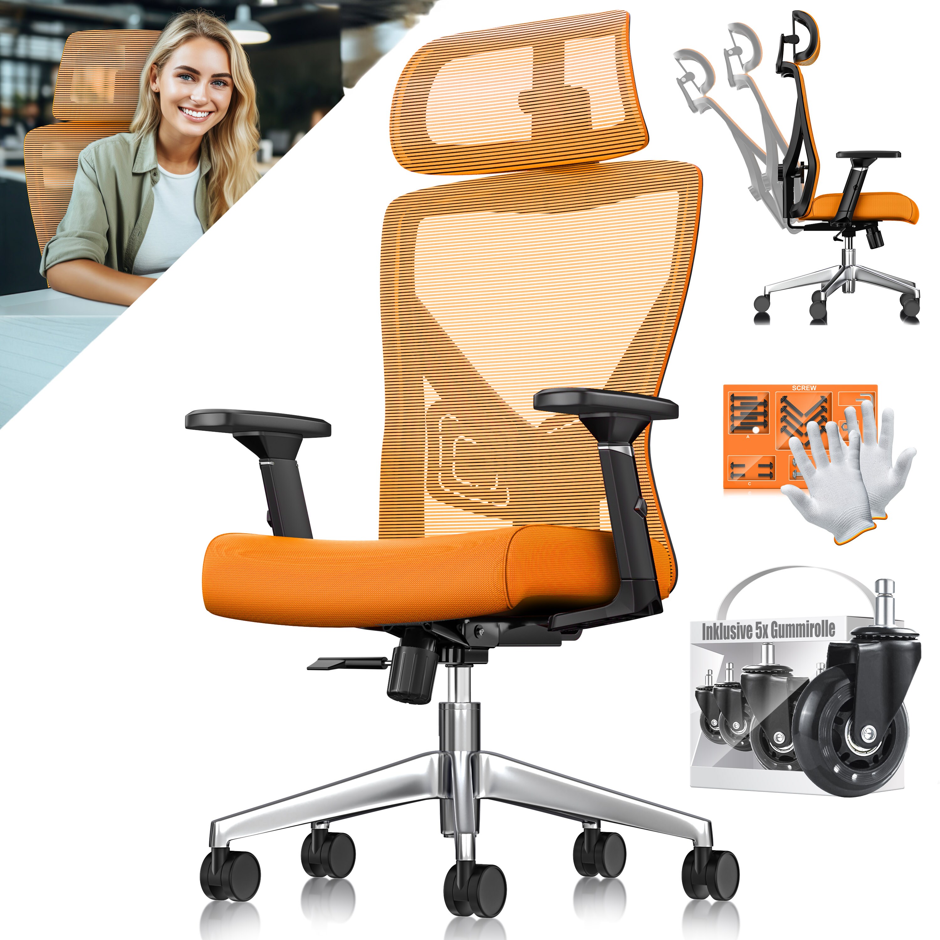 KESSER&reg; B&uuml;rostuhl mit verstellbaren Armlehnen | Drehstuhl mit Lendenwirbelst&uuml;tze R&uuml;ckenschonend | Schreibtischstuhl ergonomisch mit Kopfst&uuml;tze | Office Chair Wippfunktion bis 125&deg; mit 5x Gummirollen 