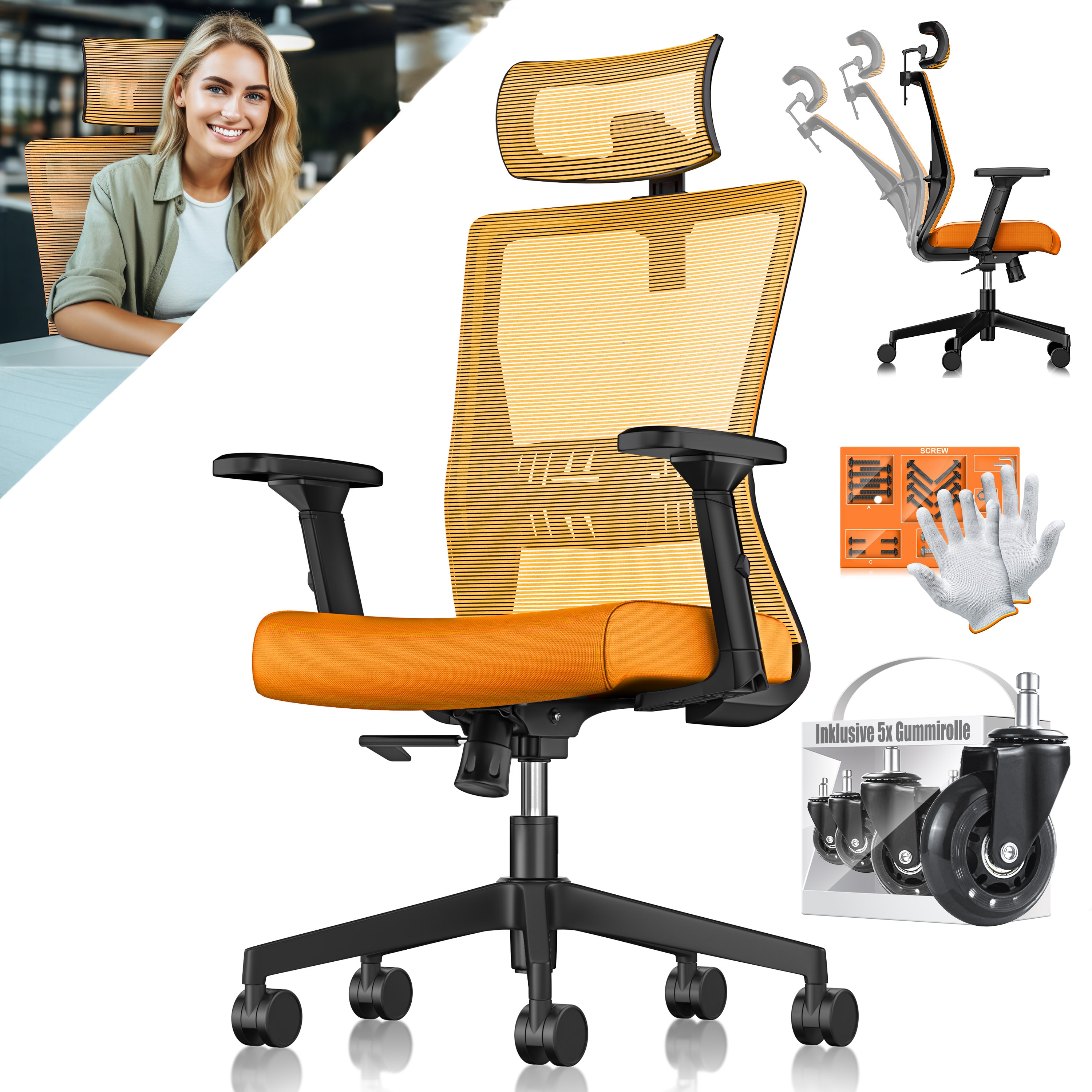 KESSER&reg; B&uuml;rostuhl mit verstellbaren Armlehnen | Drehstuhl mit Lendenwirbelst&uuml;tze R&uuml;ckenschonend | Schreibtischstuhl ergonomisch mit Kopfst&uuml;tze | Office Chair Wippfunktion bis 125&deg; mit 5x Gummirollen 