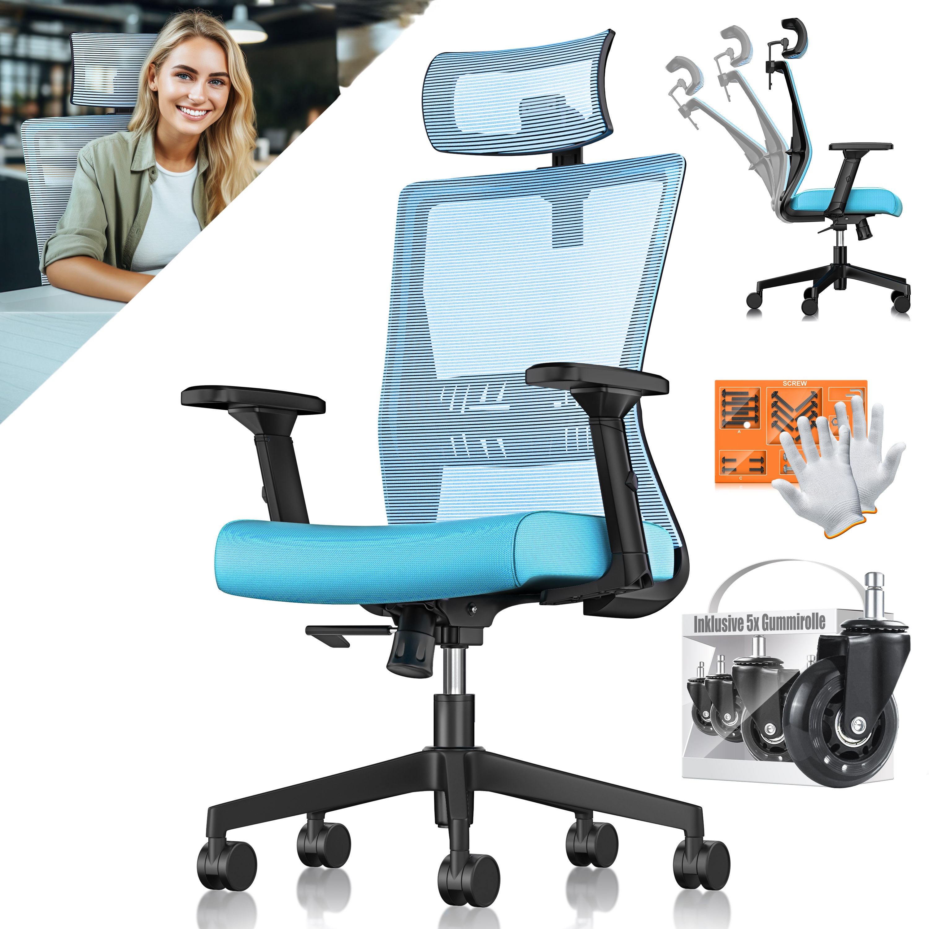 KESSER&reg; B&uuml;rostuhl mit verstellbaren Armlehnen | Drehstuhl mit Lendenwirbelst&uuml;tze R&uuml;ckenschonend | Schreibtischstuhl ergonomisch mit Kopfst&uuml;tze | Office Chair Wippfunktion bis 125&deg; mit 5x Gummirollen 
