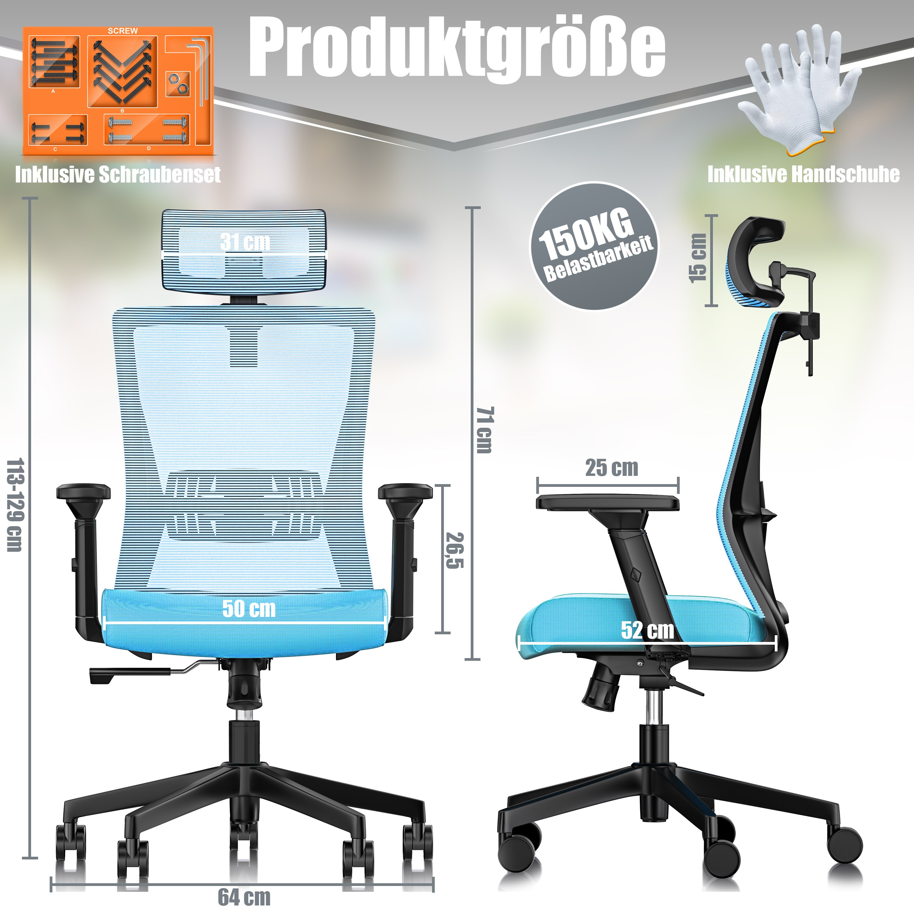 Ergonomischer Bürostuhl Mit Lordosenstütze – Hohe Netzrückenlehne, Höhenverstellbar, Kippbar, Kufenräder