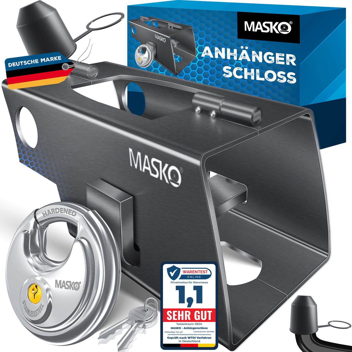 MASKO&reg; Anh&auml;ngerschloss  f&uuml;r Angekoppelte & Abgekoppelte Anh&auml;nger | Anh&auml;nger Schloss Diebstahlschutz Wohnwagen Kastenschloss inkl. Diskusschloss & Schl&uuml;ssel & Schutzkappe 