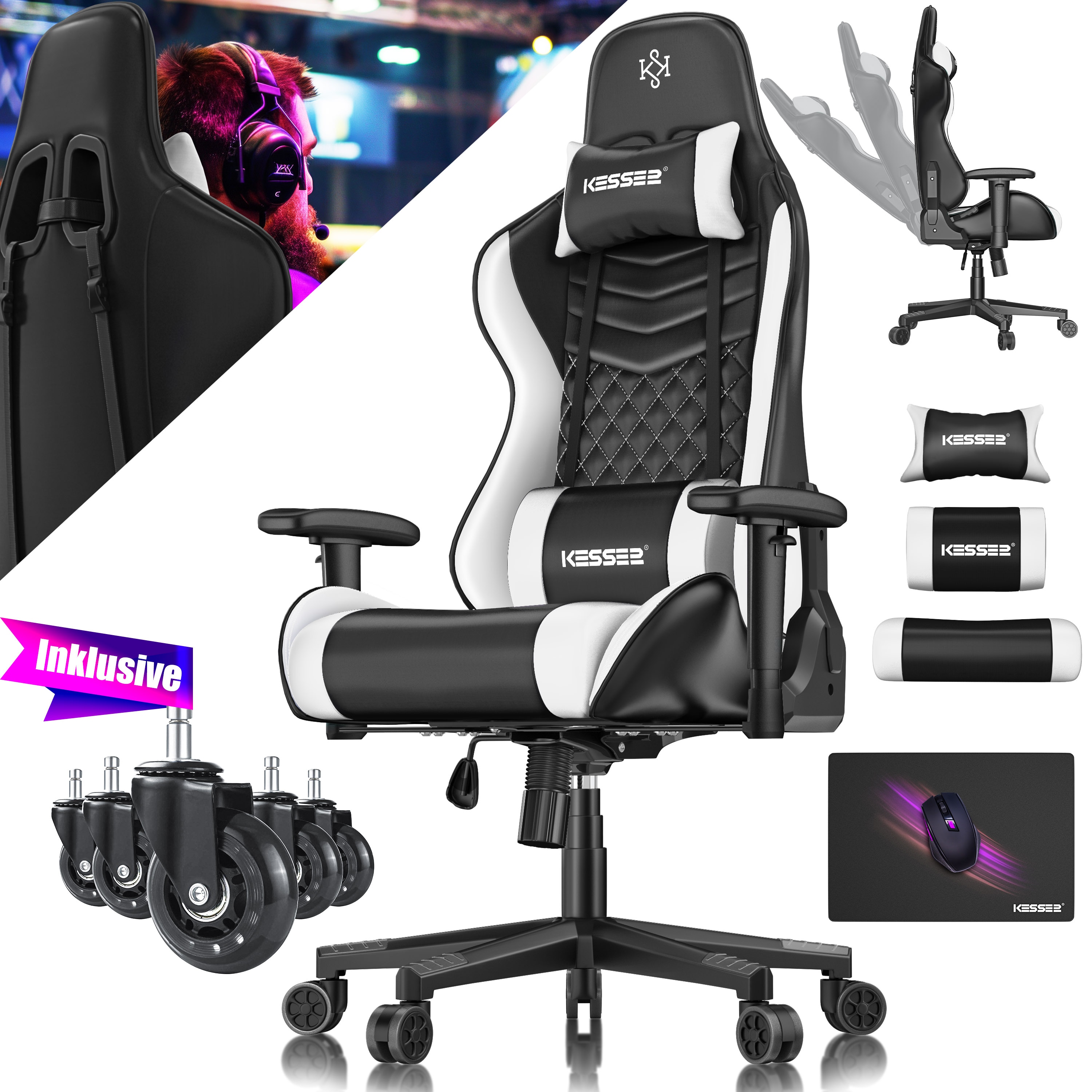 KESSER&reg; Gaming Stuhl Ergonomisch B&uuml;rostuhl mit Kopfst&uuml;tze & Lendenkissen | Racing Gamer Stuhl 150kg belastbar |  Armlehne 360&deg; | Drehbarer Schreibtischstuhl Gaming Chair + Gummi-Rollen 