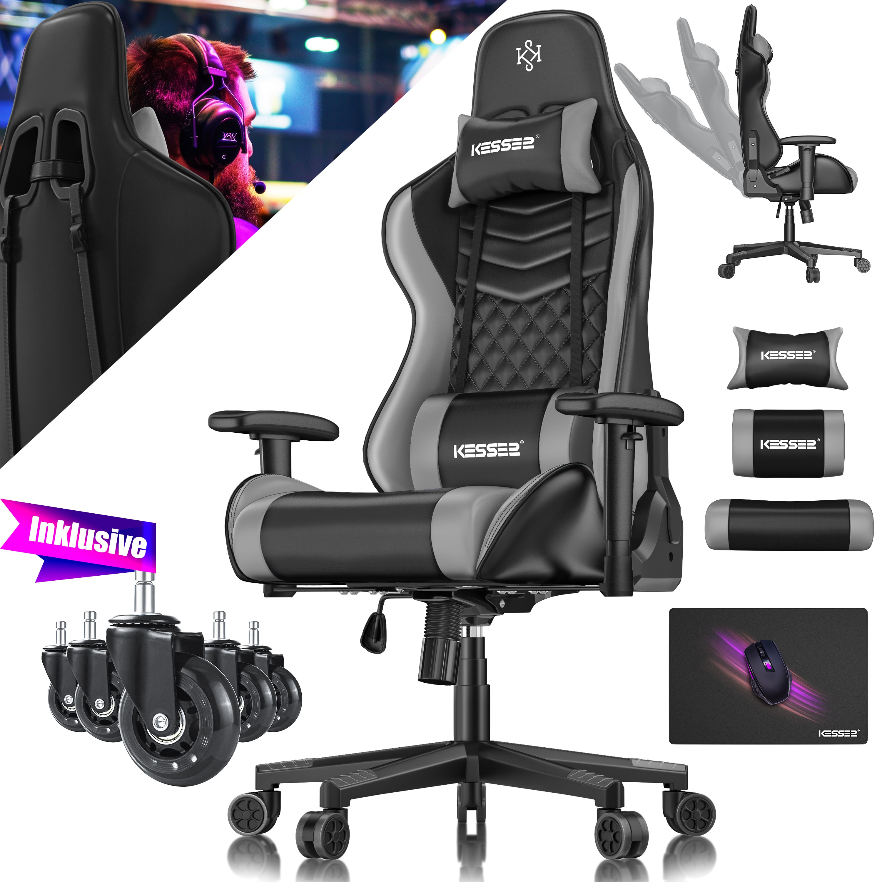 KESSER&reg; Gaming Stuhl Ergonomisch B&uuml;rostuhl mit Kopfst&uuml;tze & Lendenkissen | Racing Gamer Stuhl 150kg belastbar |  Armlehne 360&deg; | Drehbarer Schreibtischstuhl Gaming Chair + Gummi-Rollen 