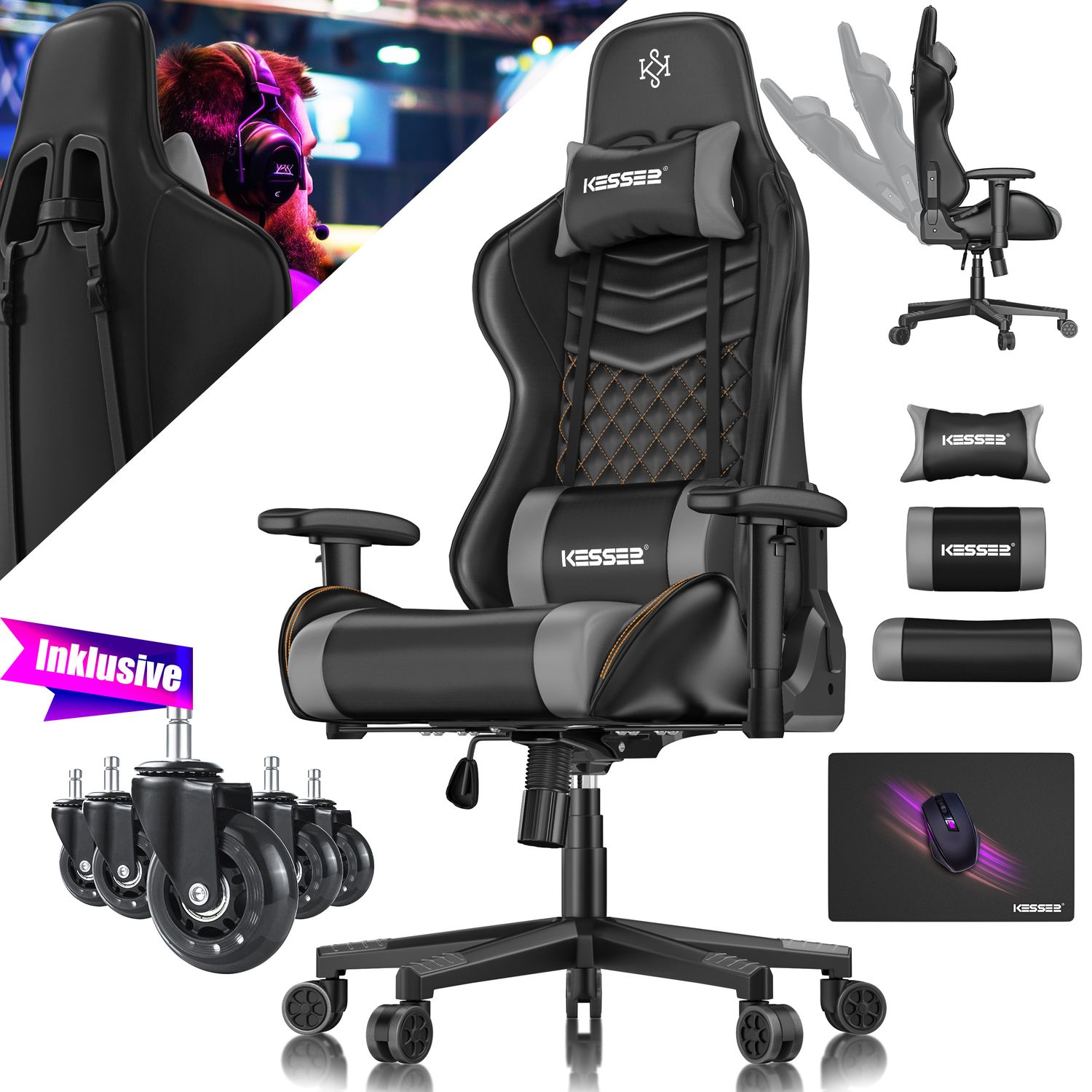 KESSER&reg; Gaming Stuhl Ergonomisch B&uuml;rostuhl mit Kopfst&uuml;tze & Lendenkissen | Racing Gamer Stuhl 150kg belastbar |  Armlehne 360&deg; | Drehbarer Schreibtischstuhl Gaming Chair + Gummi-Rollen 