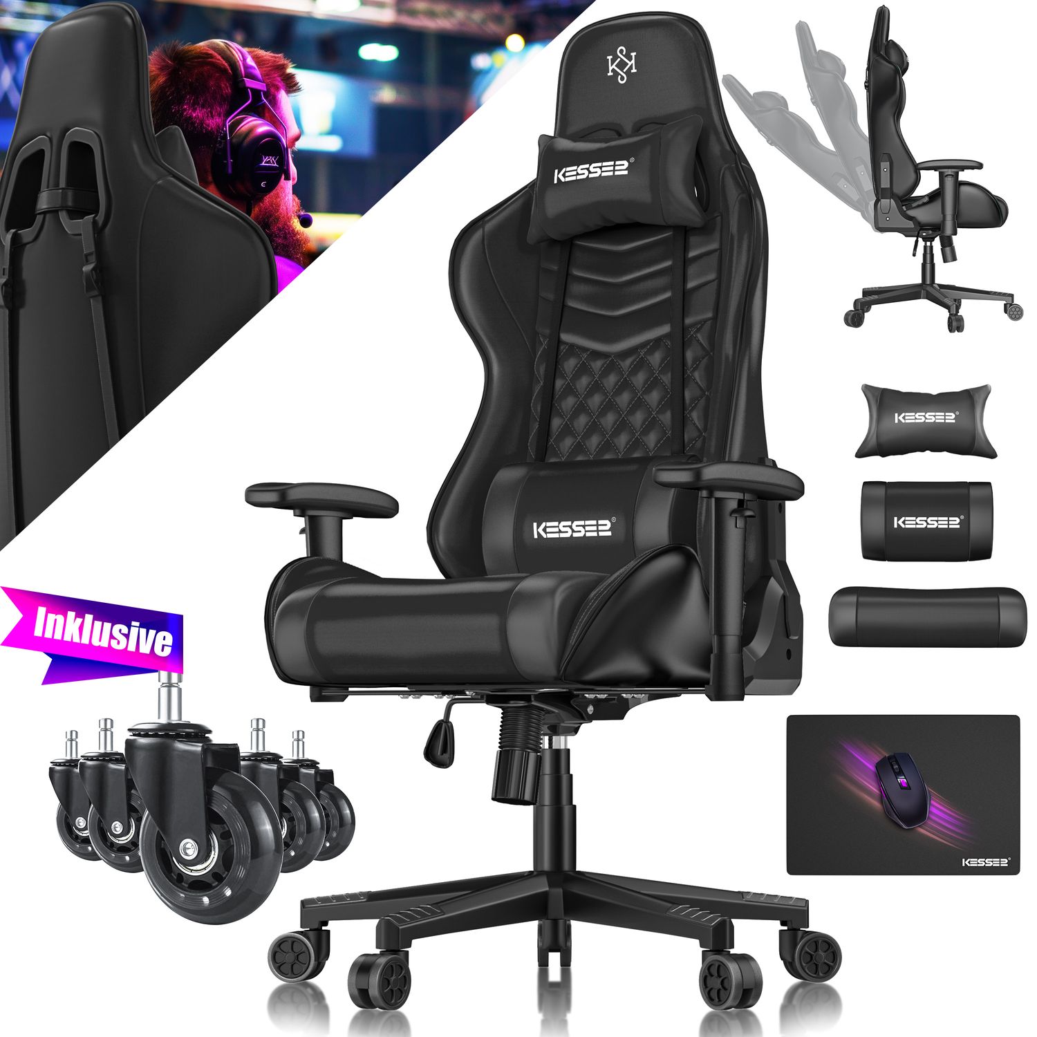 KESSER&reg; Gaming Stuhl Ergonomisch B&uuml;rostuhl mit Kopfst&uuml;tze & Lendenkissen | Racing Gamer Stuhl 150kg belastbar |  Armlehne 360&deg; | Drehbarer Schreibtischstuhl Gaming Chair + Gummi-Rollen 
