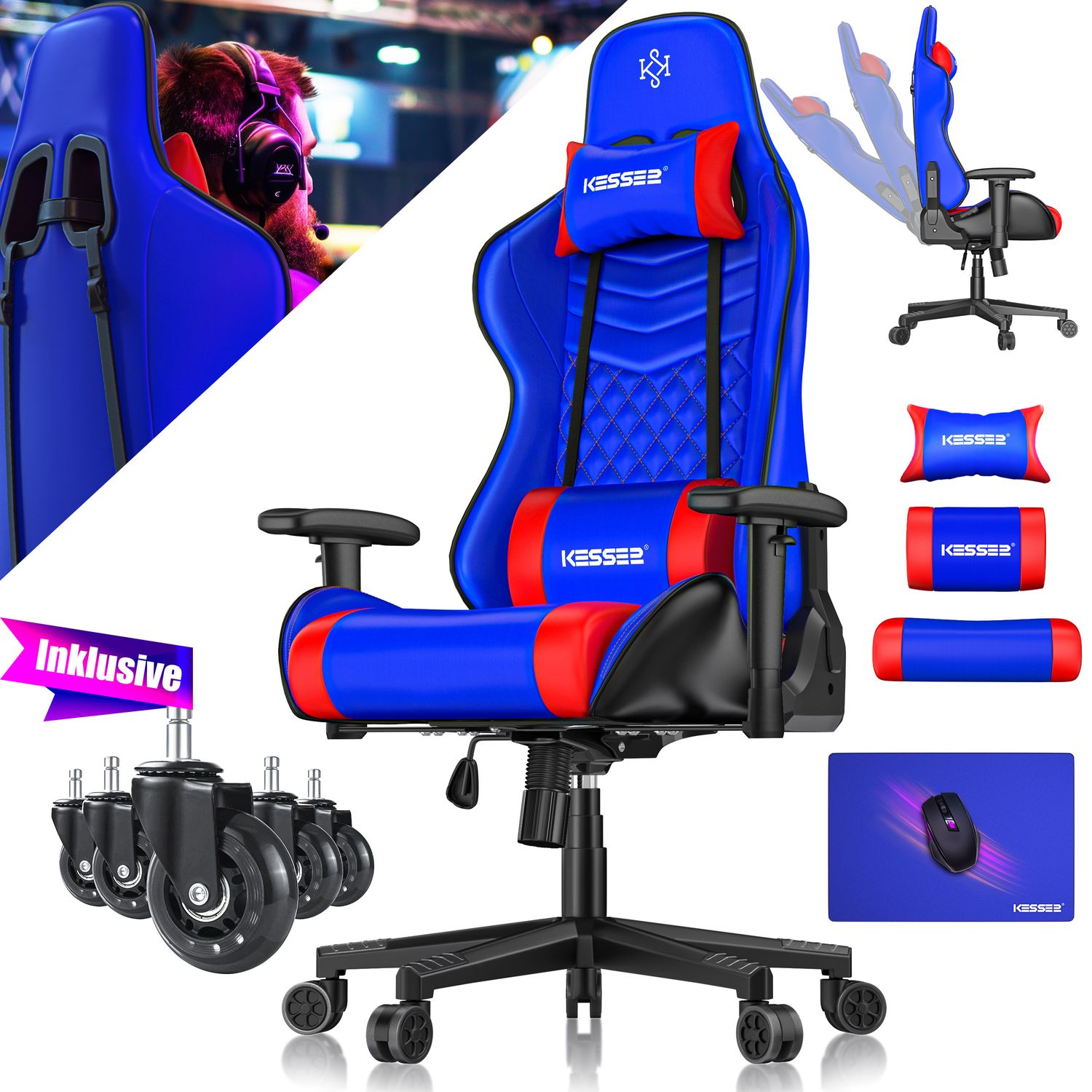 KESSER&reg; Gaming Stuhl Ergonomisch B&uuml;rostuhl mit Kopfst&uuml;tze & Lendenkissen | Racing Gamer Stuhl 150kg belastbar |  Armlehne 360&deg; | Drehbarer Schreibtischstuhl Gaming Chair + Gummi-Rollen 