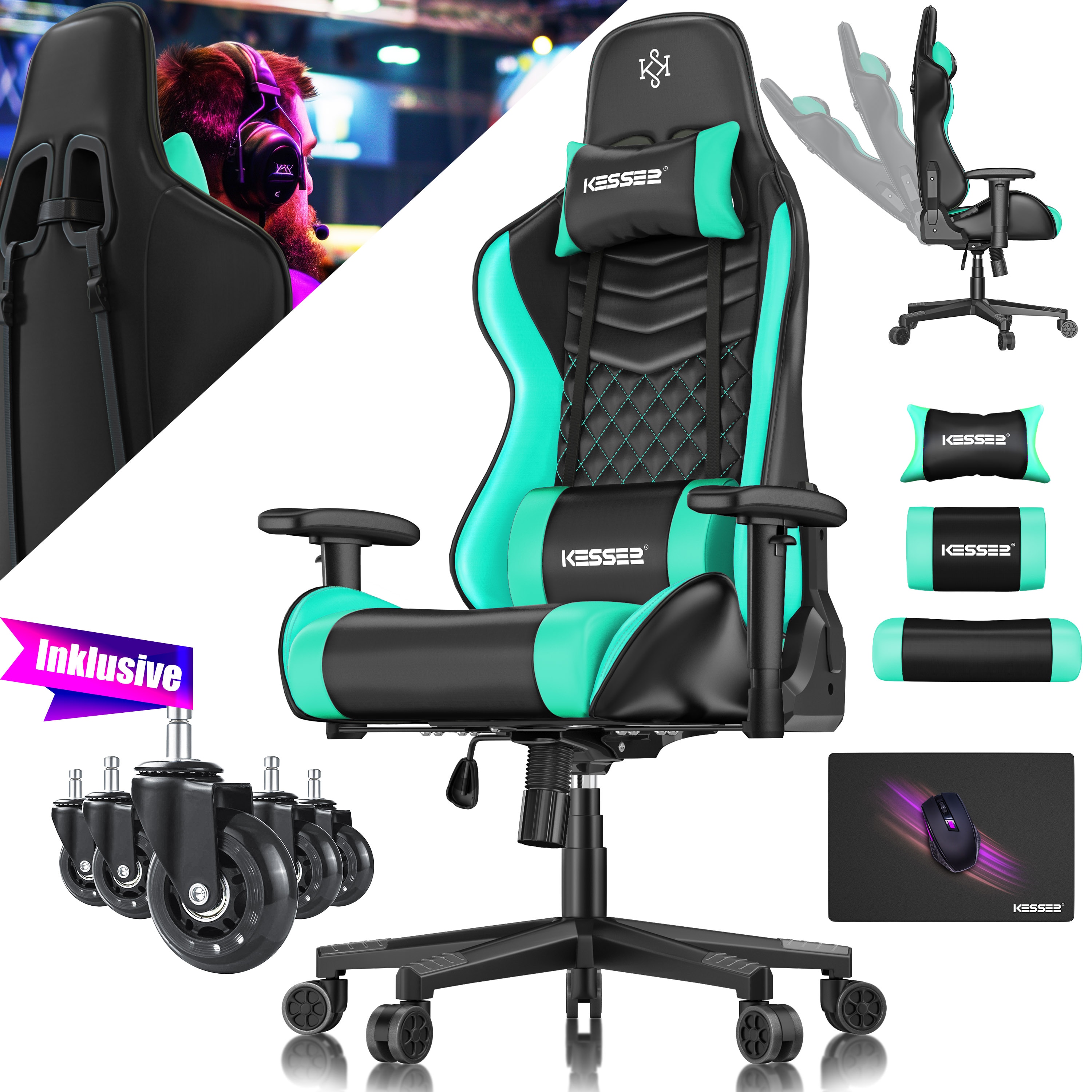 KESSER&reg; Gaming Stuhl Ergonomisch B&uuml;rostuhl mit Kopfst&uuml;tze & Lendenkissen | Racing Gamer Stuhl 150kg belastbar |  Armlehne 360&deg; | Drehbarer Schreibtischstuhl Gaming Chair + Gummi-Rollen 