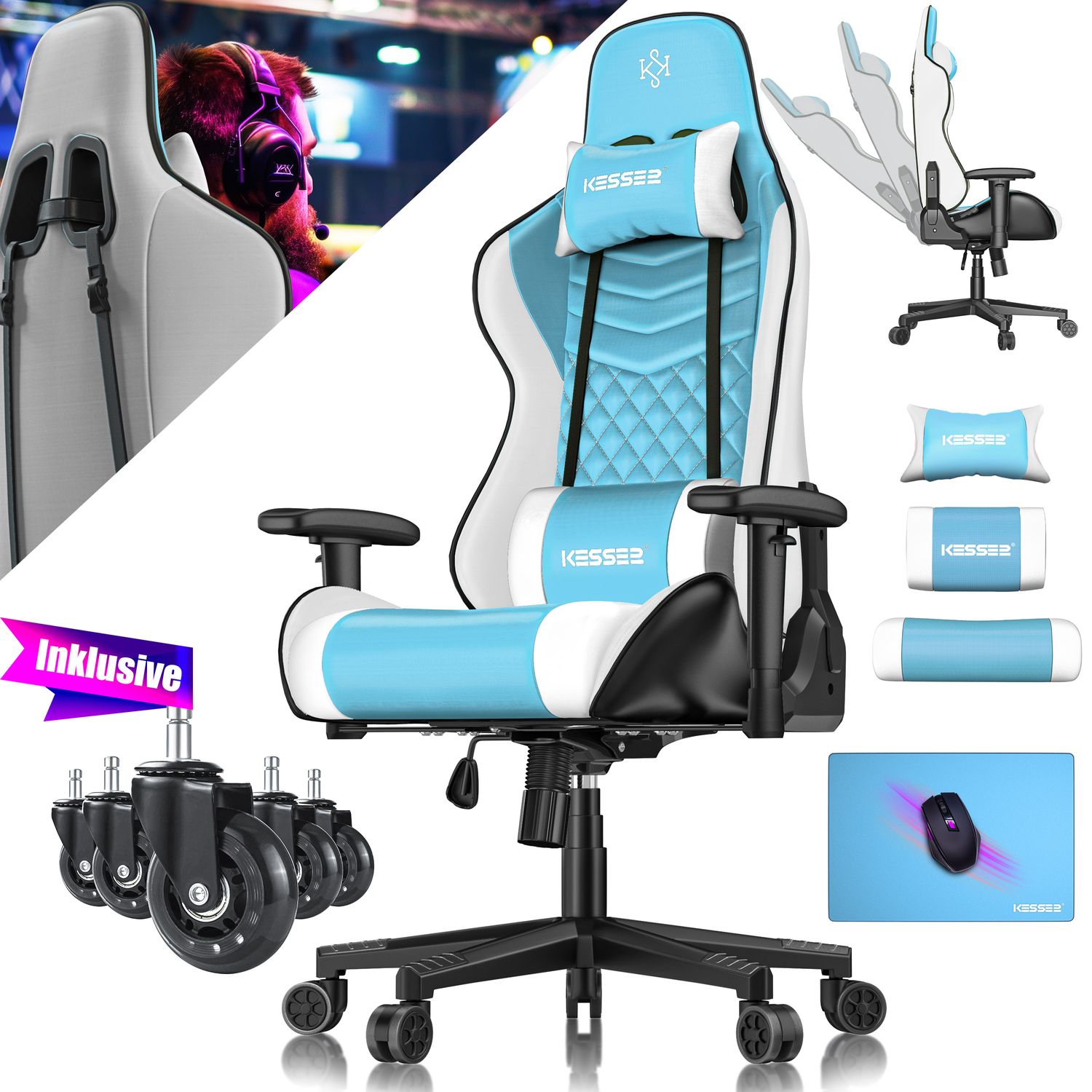 KESSER&reg; Gaming Stuhl Ergonomisch B&uuml;rostuhl mit Kopfst&uuml;tze & Lendenkissen | Racing Gamer Stuhl 150kg belastbar |  Armlehne 360&deg; | Drehbarer Schreibtischstuhl Gaming Chair + Gummi-Rollen 