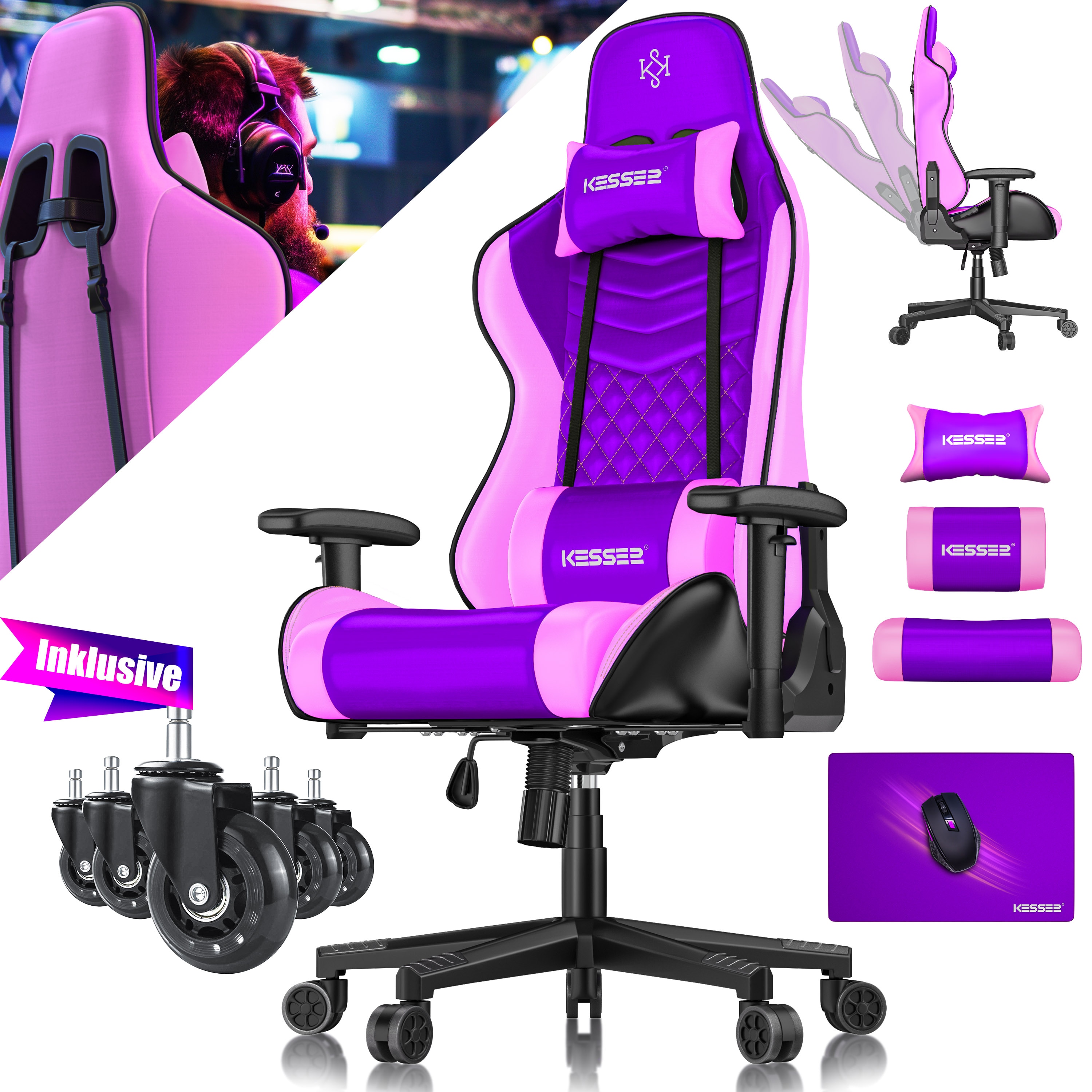 KESSER&reg; Gaming Stuhl Ergonomisch B&uuml;rostuhl mit Kopfst&uuml;tze & Lendenkissen | Racing Gamer Stuhl 150kg belastbar |  Armlehne 360&deg; | Drehbarer Schreibtischstuhl Gaming Chair + Gummi-Rollen 