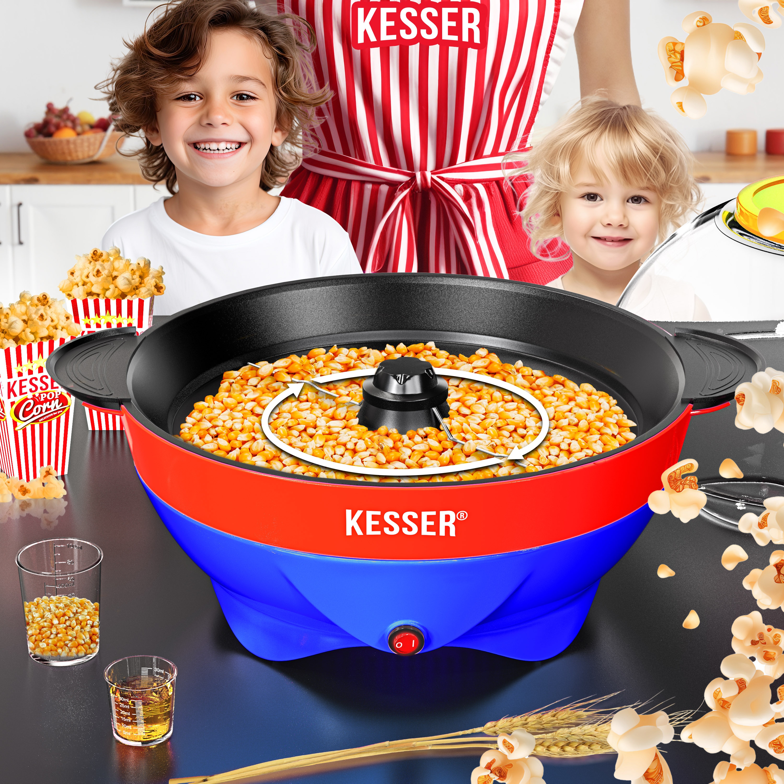 KESSER® Popcornmaschine Groß 800W | Popcorn-Maker 5,5l Inhalt mit Antihaftbeschichtung Deckel & Servierschale | für Öl Butter Zucker Stille & Schnelle inkl. Mess-&Popcornbecher abnehmbarer Heizfläche