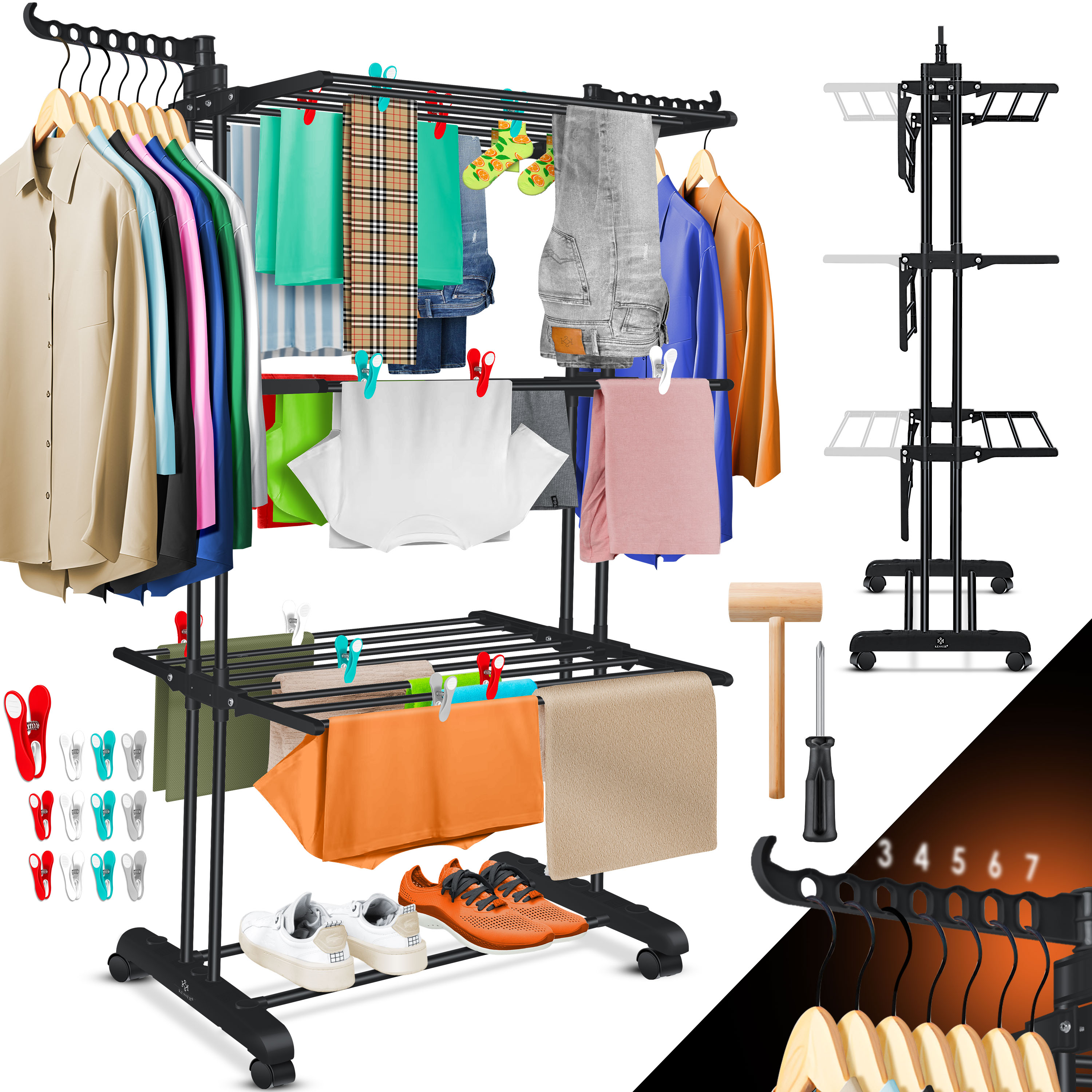 KESSER&reg; W&auml;schest&auml;nder-Turm mit R&auml;dern Platzsparender W&auml;schetrockner f&uuml;r Innen & Au&szlig;en 4-Etagen 2 drehbare Seitenfl&uuml;gel und 6 klappbare Ebenen Standtrockner W&auml;scheturm Zusammenklappbar 