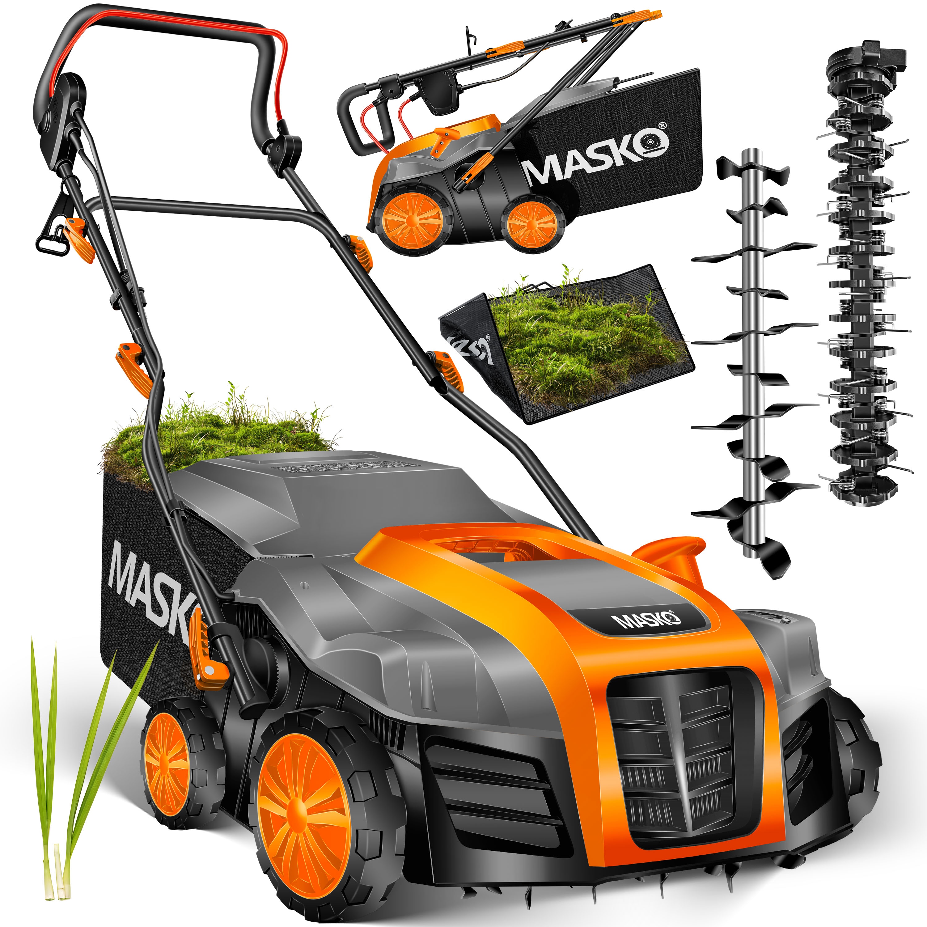 MASKO&reg; - Elektro 2in1 Vertikutierer Rasenl&uuml;fter 1800 Watt 40cm Arbeitsbreite 55L Fangkorb inkl. L&uuml;fterwalze L&uuml;fter Moosentferner, 5-stufige Arbeitstiefe einstellbar , h&ouml;henverstellbarer Holm 