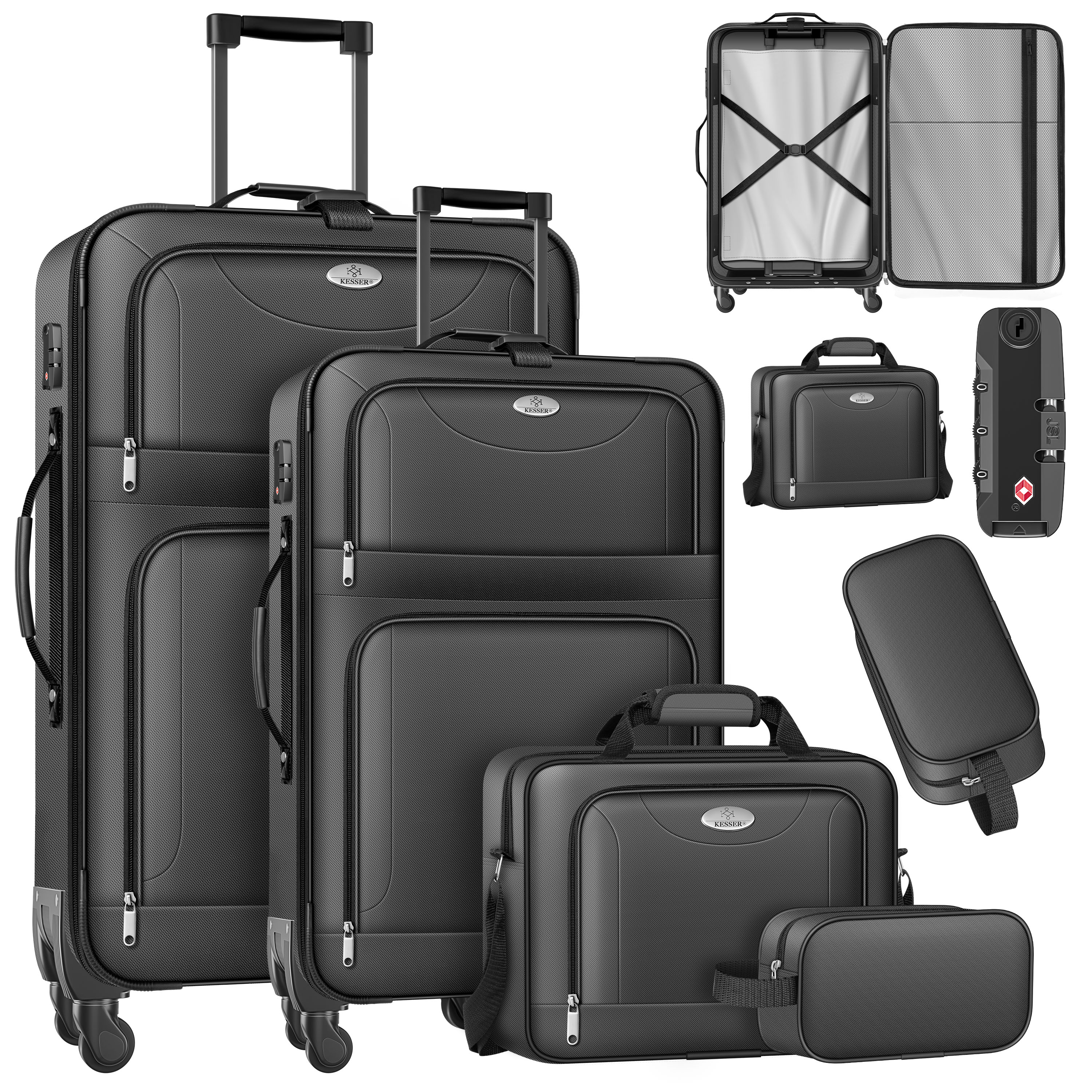 KESSER&reg; Reisekoffer Set 4-teilig | Trolley Kofferset Stoffkoffer mit 3-Ziffern-TSA-Schloss, 360&deg; Rollen & Teleskopgriff | Kosmetiktasche Handgep&auml;ck leichter Koffer & gro&szlig;e Koffer f&uuml;r Business & Reisen 
