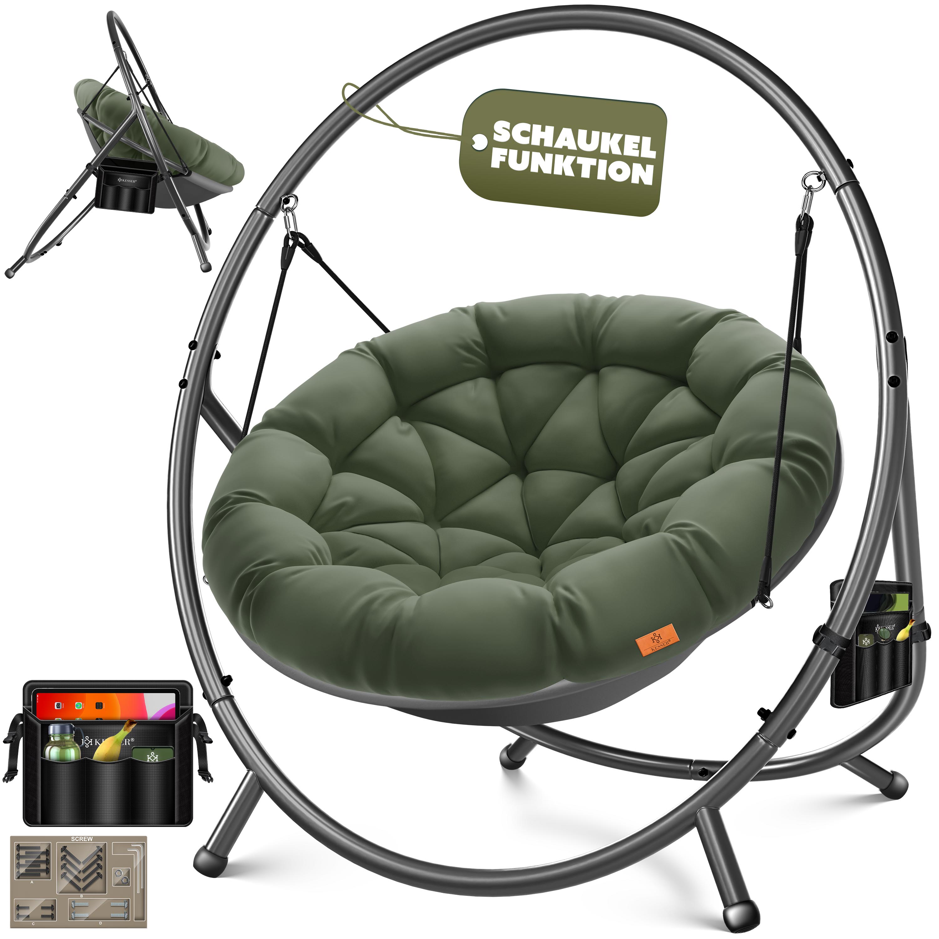 KESSER&reg; H&auml;ngesessel mit Gestell BALI H&auml;ngeschaukel H&auml;ngestuhl bis 150kg f&uuml;r Indoor und Outdoor + Kissen & Seitentasche H&auml;ngekorb Stahlgestell & Schaumstoff Sitzpolster ideal f&uuml;r Wohnzimmer & Garten 