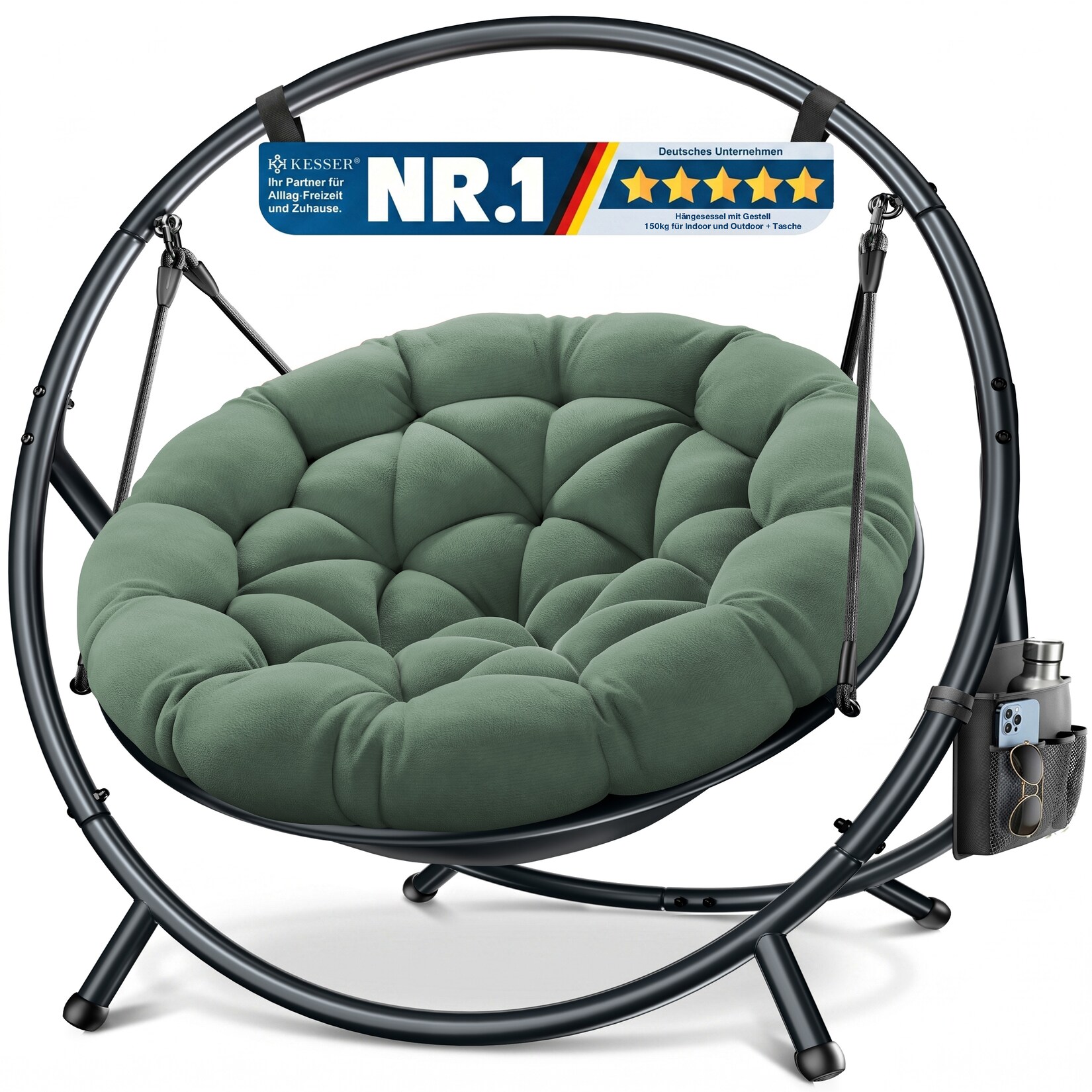 KESSER® Hängesessel mit Gestell BALI Hängeschaukel Hängestuhl bis 150kg für Indoor und Outdoor + Kissen & Seitentasche Hängekorb Stahlgestell & Schaumstoff Sitzpolster ideal für Wohnzimmer & Garten