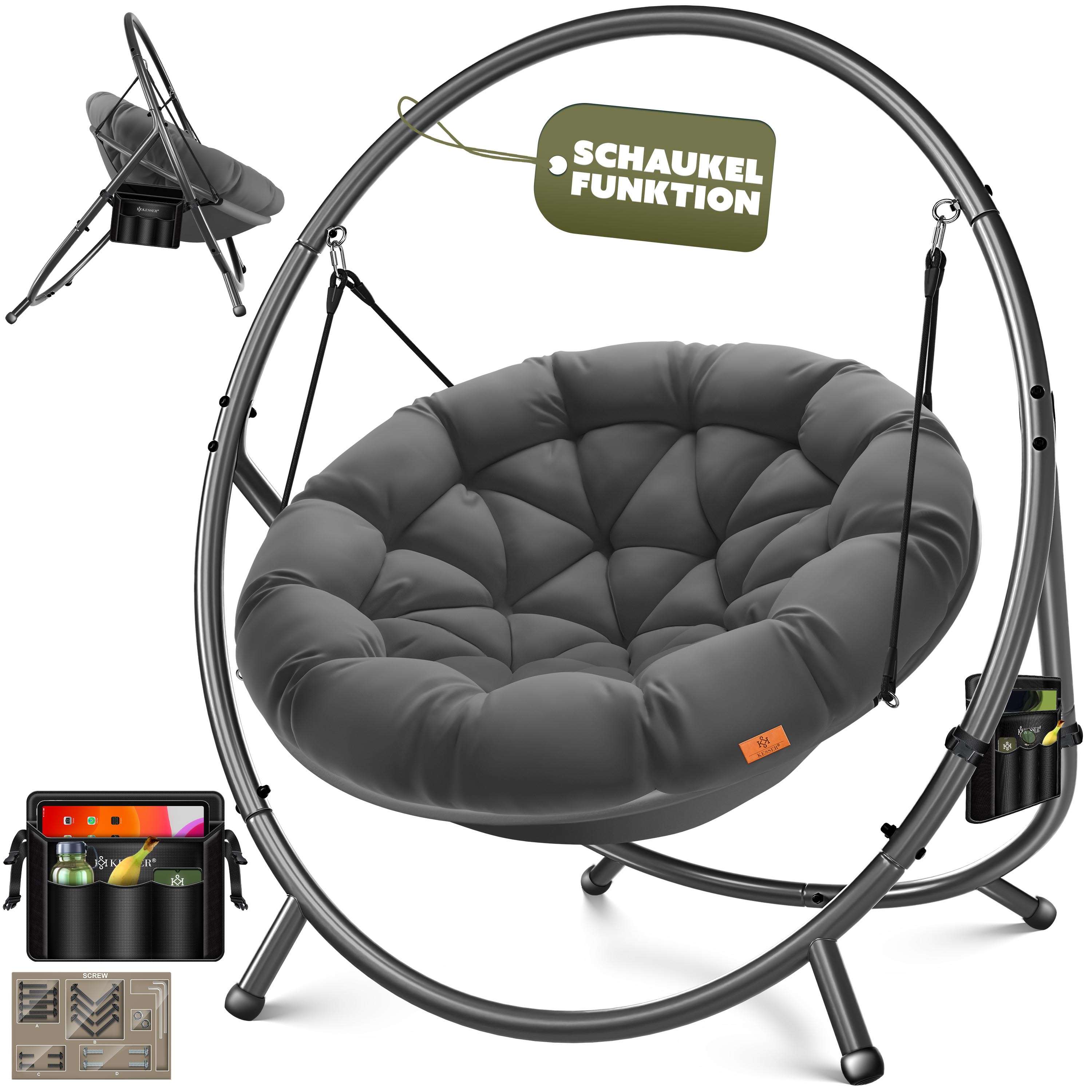 KESSER&reg; H&auml;ngesessel mit Gestell BALI H&auml;ngeschaukel H&auml;ngestuhl bis 150kg f&uuml;r Indoor und Outdoor + Kissen & Seitentasche H&auml;ngekorb Stahlgestell & Schaumstoff Sitzpolster ideal f&uuml;r Wohnzimmer & Garten 