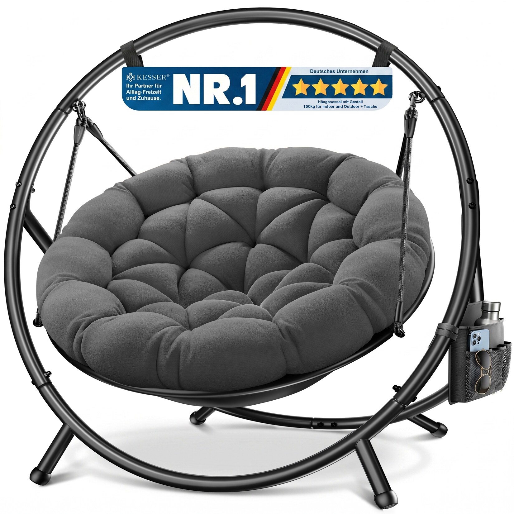 KESSER Hängesessel mit Gestell BALI Hängeschaukel Hängestuhl bis 150kg für Indoor und Outdoor + Kissen & Seitentasche Hängekorb Stahlgestell & Schaumstoff Sitzpolster ideal für Wohnzimmer & Garten Image