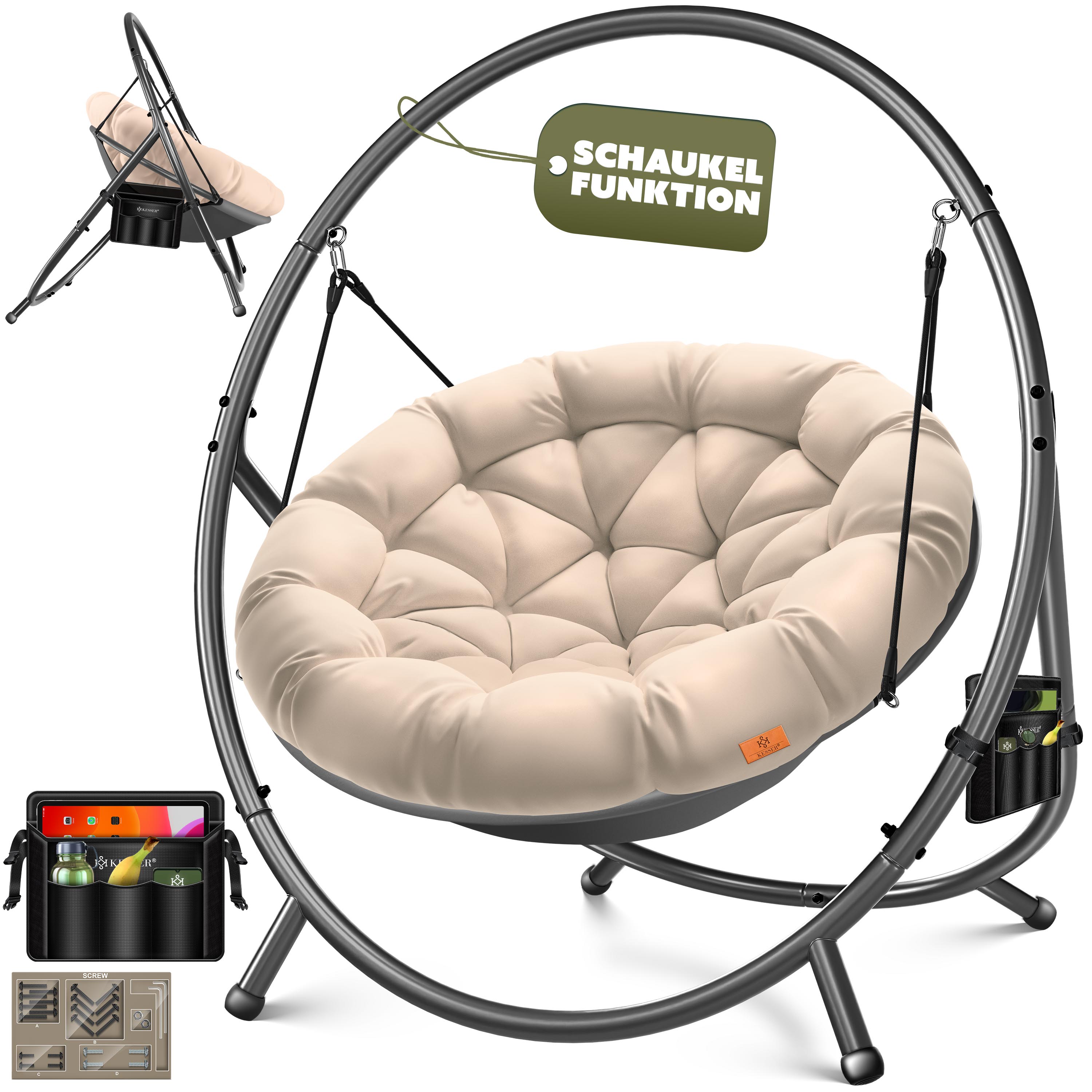 KESSER&reg; H&auml;ngesessel mit Gestell BALI H&auml;ngeschaukel H&auml;ngestuhl bis 150kg f&uuml;r Indoor und Outdoor + Kissen & Seitentasche H&auml;ngekorb Stahlgestell & Schaumstoff Sitzpolster ideal f&uuml;r Wohnzimmer & Garten 