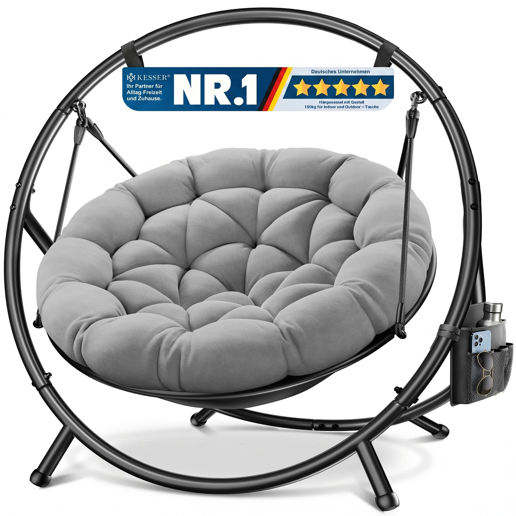 KESSER Hängesessel mit Gestell BALI Hängeschaukel Hängestuhl bis 150kg für Indoor und Outdoor + Kissen & Seitentasche Hängekorb Stahlgestell & Schaumstoff Sitzpolster ideal für Wohnzimmer & Garten Image