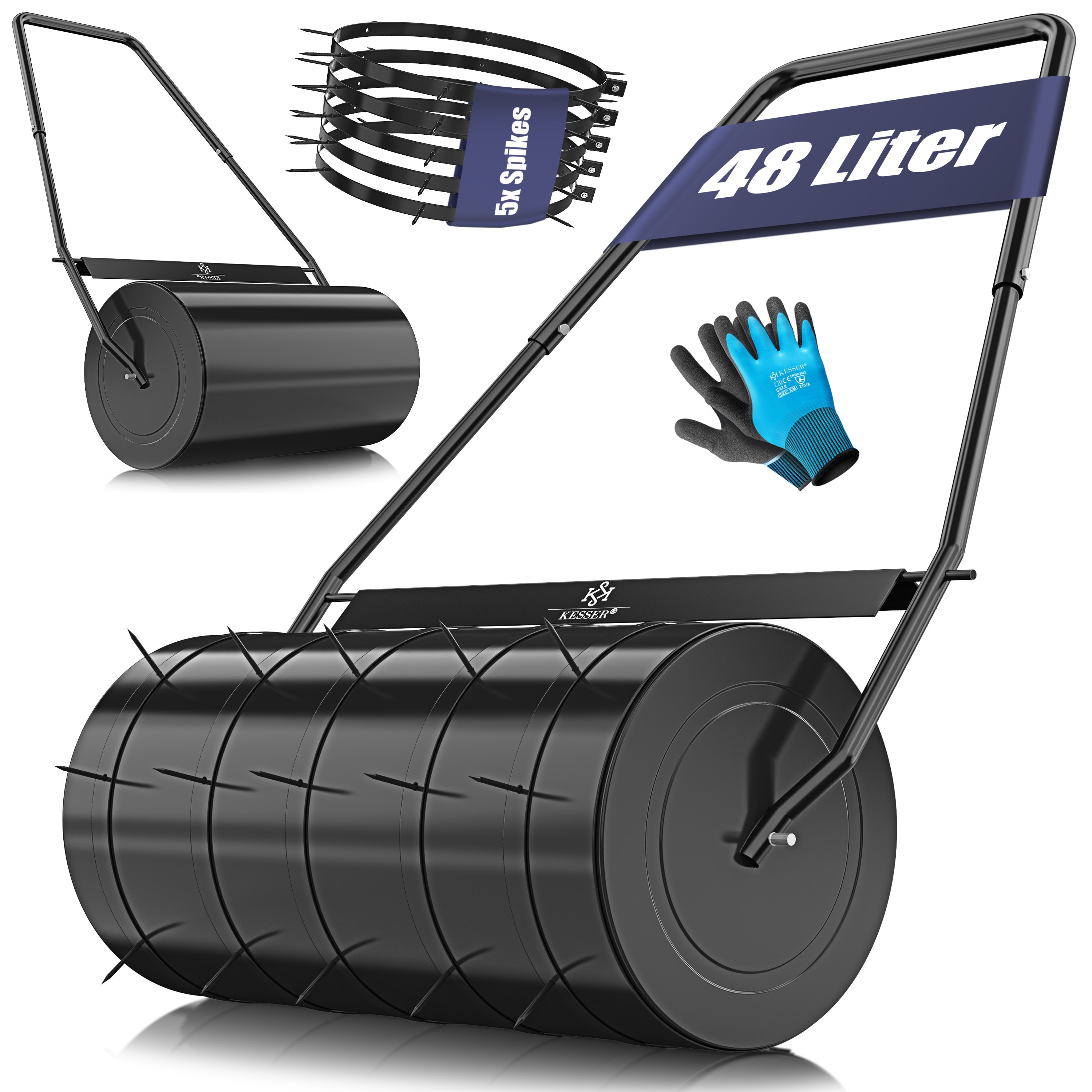 KESSER&reg; Rasenwalze Metall mit 5x Spikes & Handschuhen Handwalze Rasenroller Gartenwalze Ackerwalze Walze bef&uuml;llbar mit Wasser oder Sand 