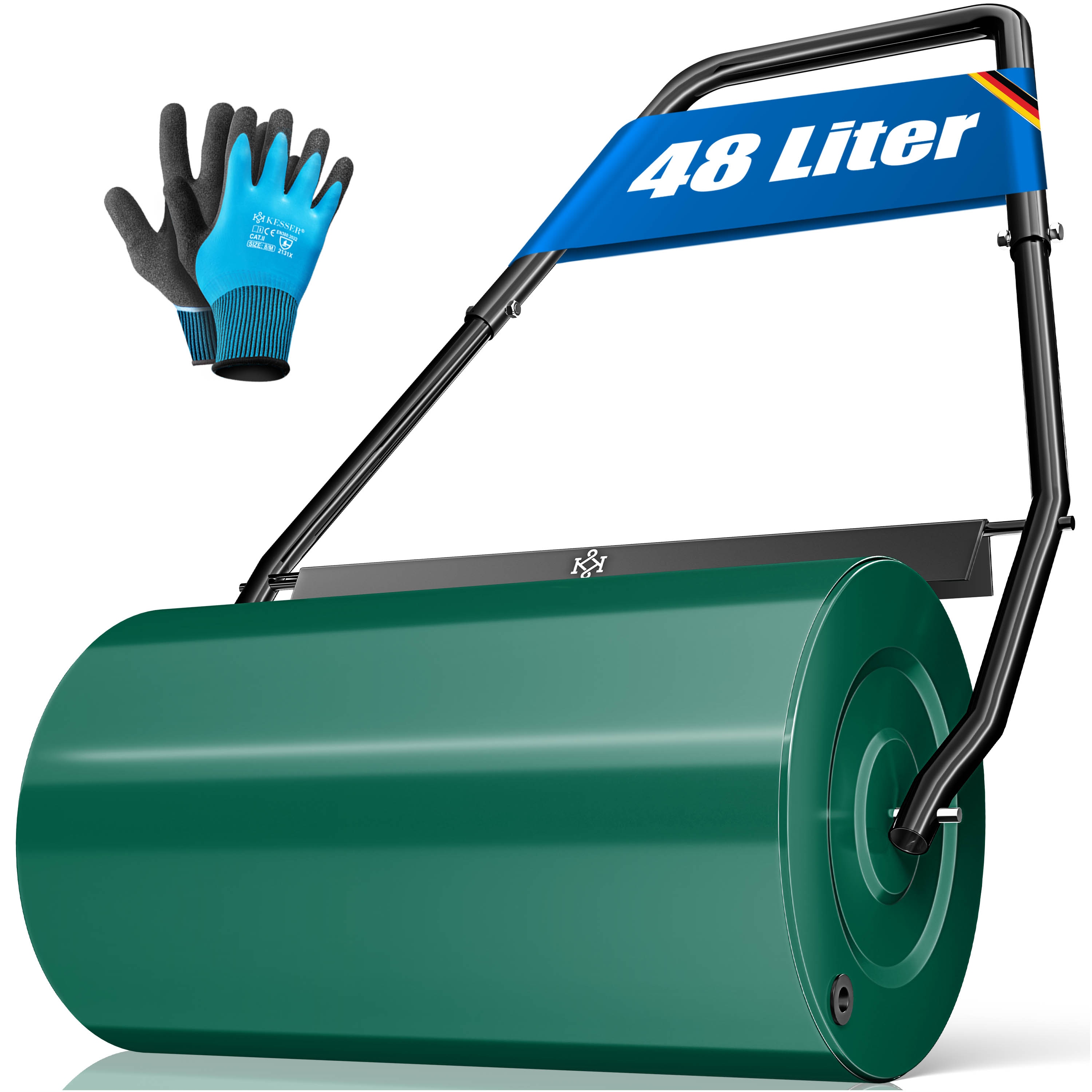 KESSER&reg; Rasenwalze Metall mit Handschuhen Handwalze Rasenroller Gartenwalze Ackerwalze Walze bef&uuml;llbar mit Wasser oder Sand 