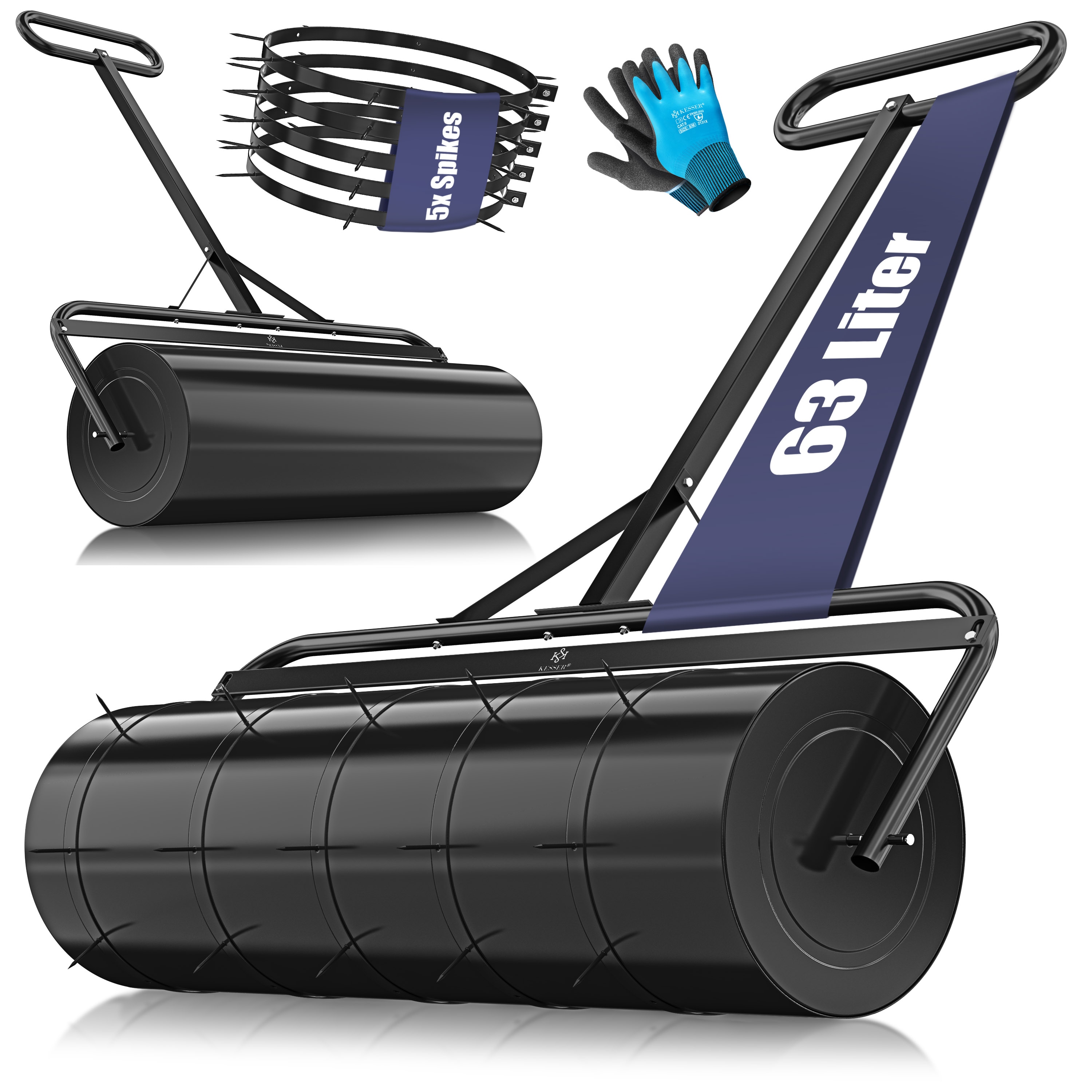 KESSER&reg; Rasenwalze Metall mit 5x Spikes & Handschuhen Handwalze Rasenroller Gartenwalze Ackerwalze Walze bef&uuml;llbar mit Wasser oder Sand 