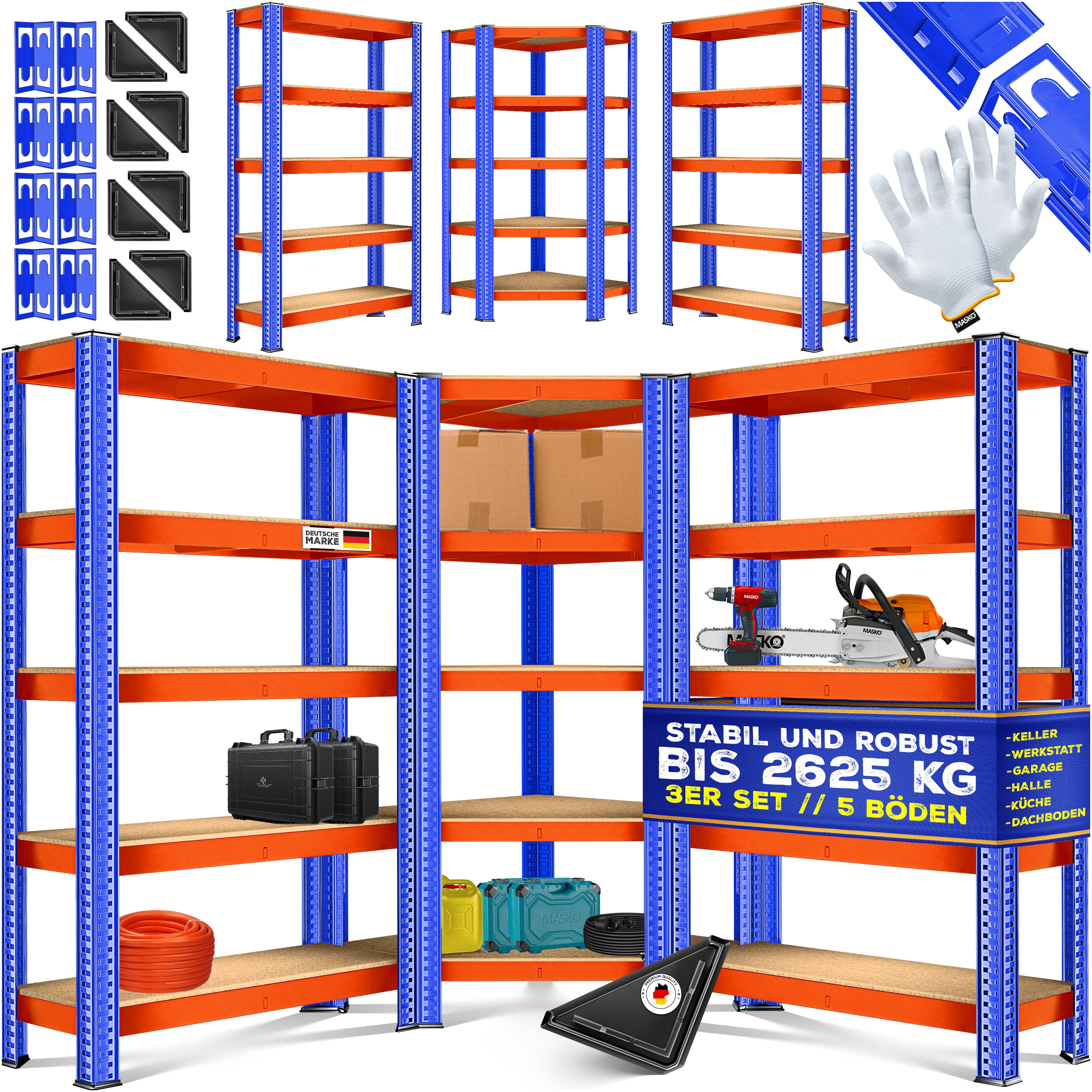 MASKO&reg; 3er Set Metall Regalsystem Lagerregal 1 Eckregal & 2 Lagerregale 15 B&ouml;den MDF-Platten Regal 2625 kg Werkstattregal Kellerrregal Garage Schwerlastregal Steckregal MDF-Platten 