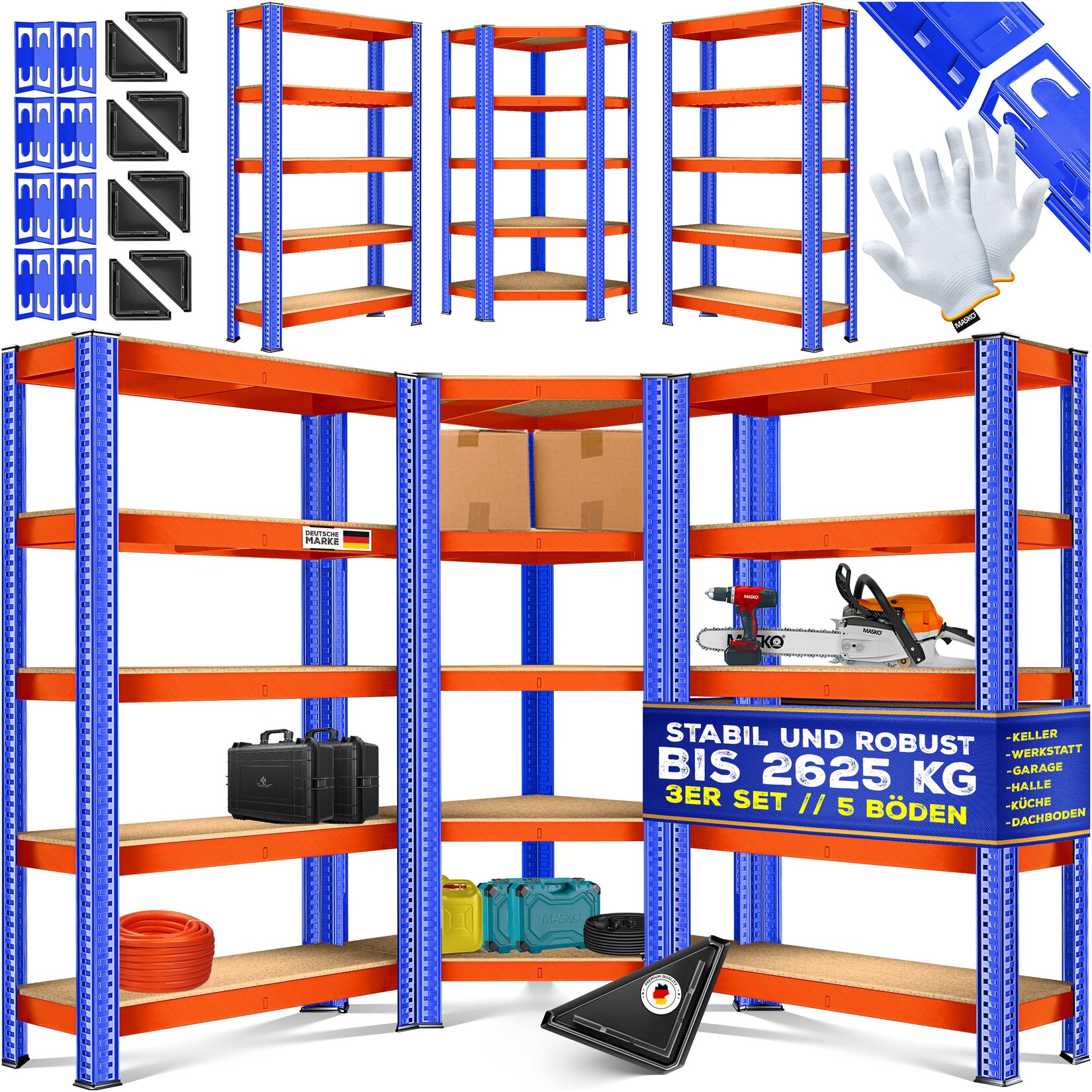 ® 3er Set Metall Regalsystem Lagerregal 1 Eckregal & 2 Lagerregale 15 Böden MDF-Platten Regal  Werkstattregal Kellerrregal Garage Schwerlastregal Steckregal MDF-Platten
