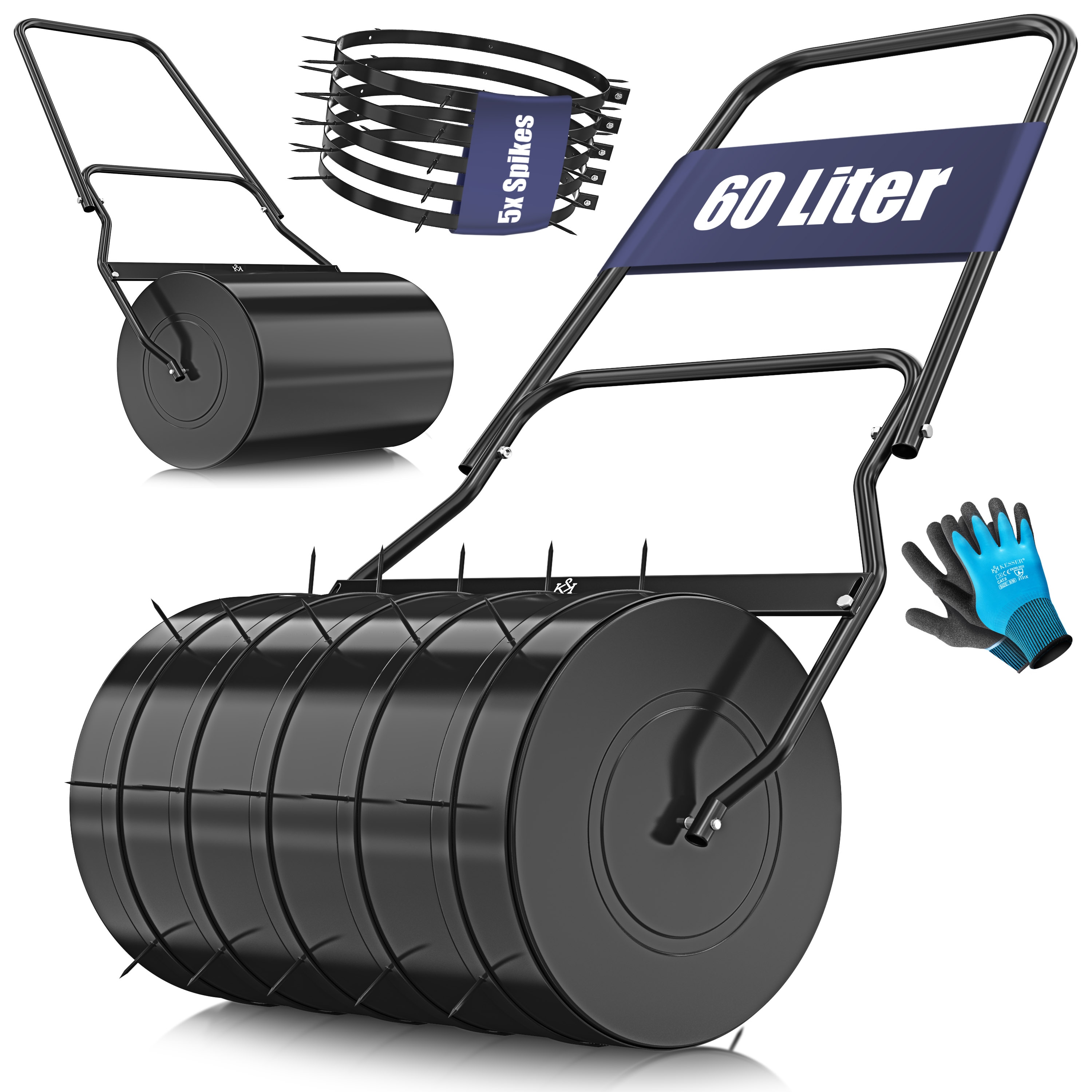 KESSER&reg; Rasenwalze Metall mit 5x Spikes & Handschuhen Handwalze Rasenroller Gartenwalze Ackerwalze Walze bef&uuml;llbar mit Wasser oder Sand 