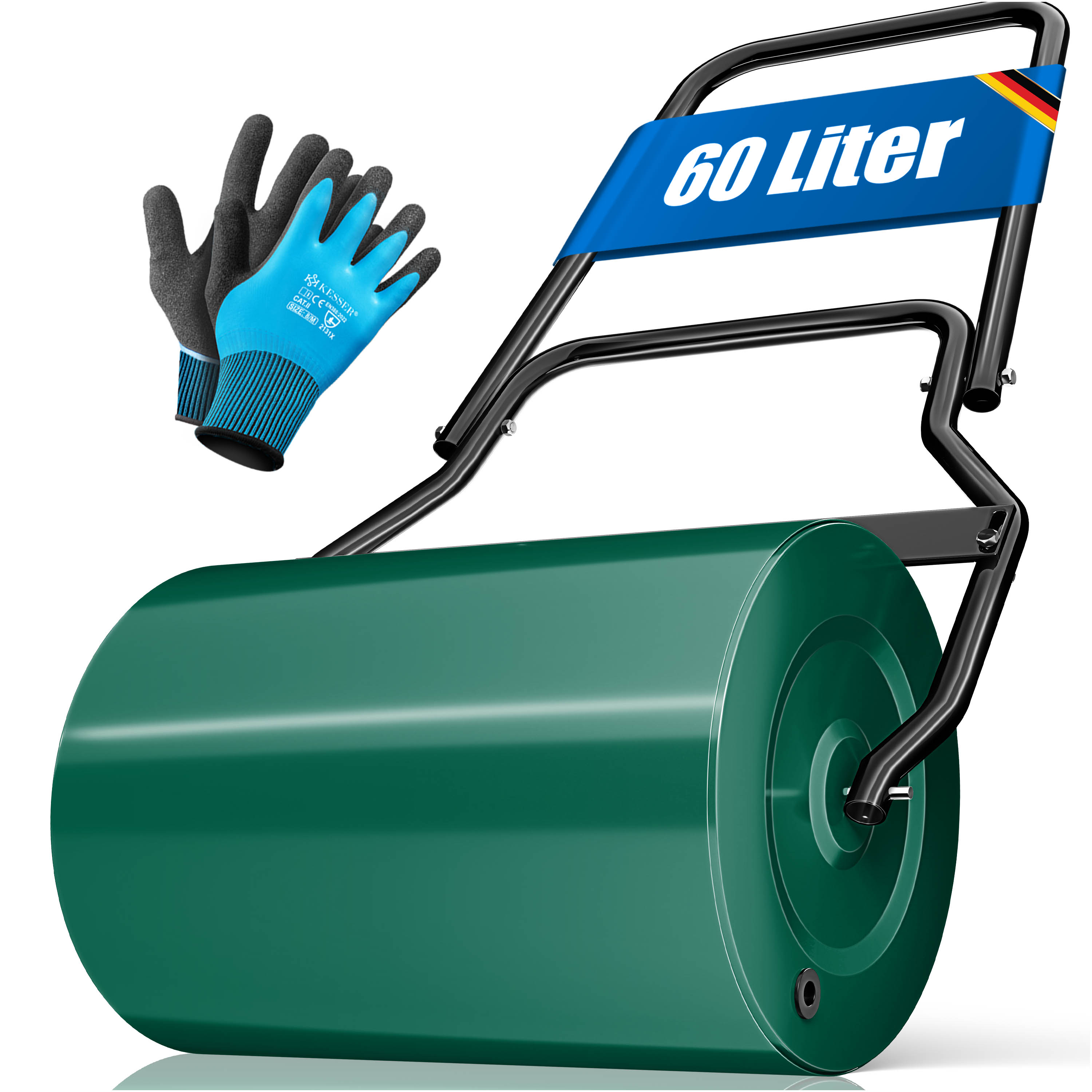 KESSER&reg; Rasenwalze Metall mit 5x Spikes & Handschuhen Handwalze Rasenroller Gartenwalze Ackerwalze Walze bef&uuml;llbar mit Wasser oder Sand 