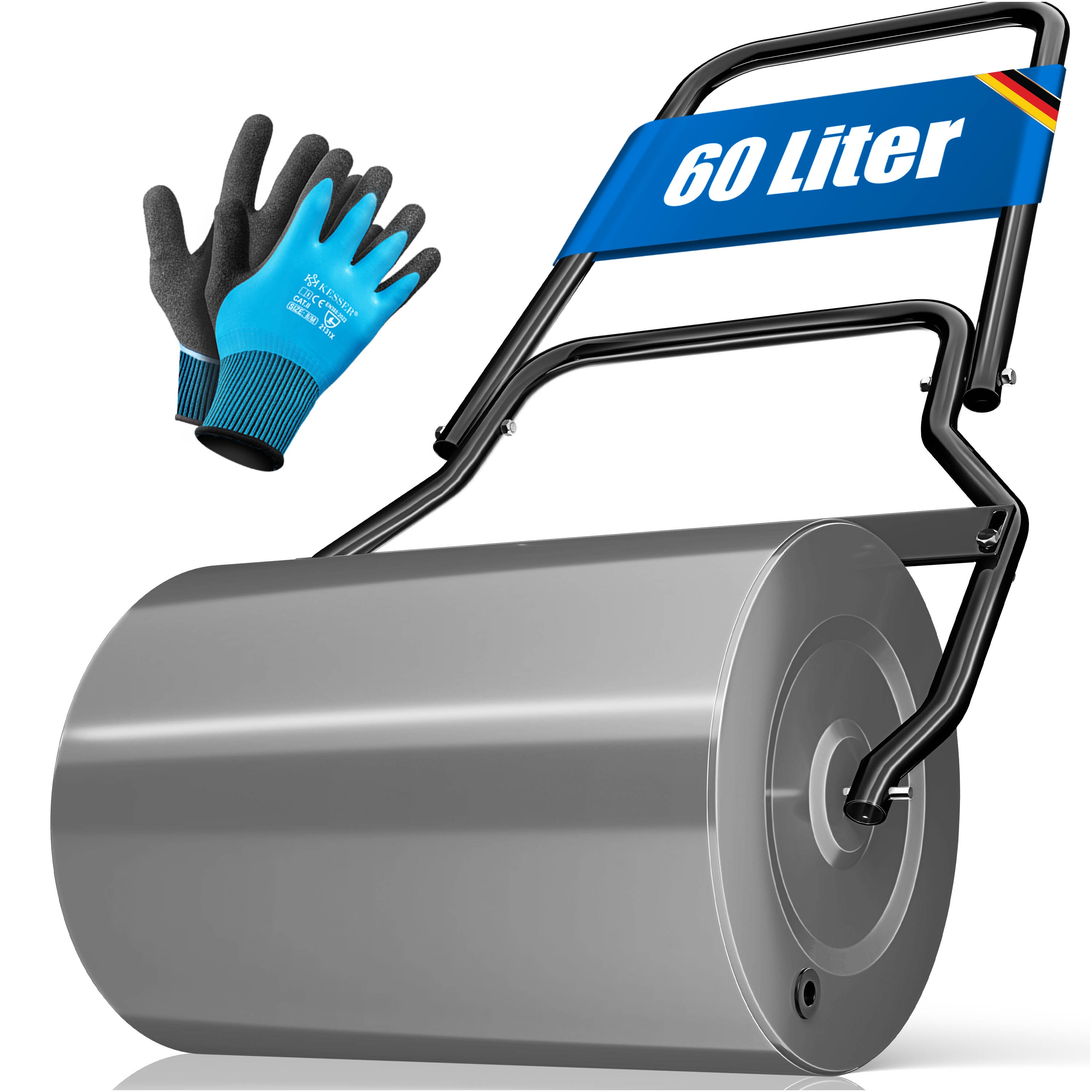 KESSER&reg; Rasenwalze Metall mit 5x Spikes & Handschuhen Handwalze Rasenroller Gartenwalze Ackerwalze Walze bef&uuml;llbar mit Wasser oder Sand 