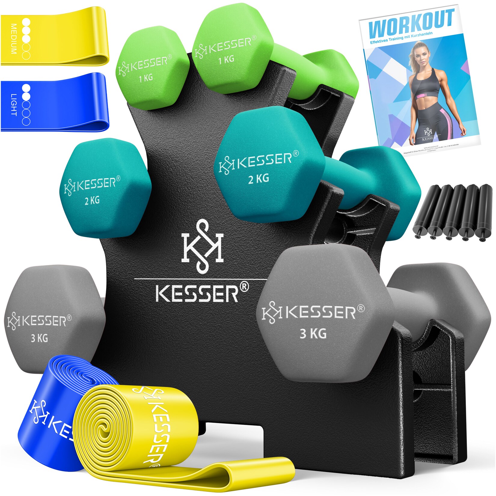® Hantel-Set, 3 Paar,  - 5kg, 12kg oder 18kg kurzhanteln mit Ständer Aufbewahrung, Fitnessstudio, Krafttraining, Hantelset rutschfeste Neopren, Mit Übungsheft, 2x Fitnessbänder