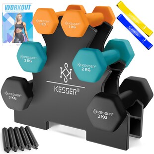 KESSER® Hantel-Set, 3 Paar, 1kg - 5kg, 12kg oder 18kg kurzhanteln mit Ständer Aufbewahrung, Fitnessstudio, Krafttraining, Hantelset rutschfeste Neopren, Mit Übungsheft, 2x Fitnessbänder 