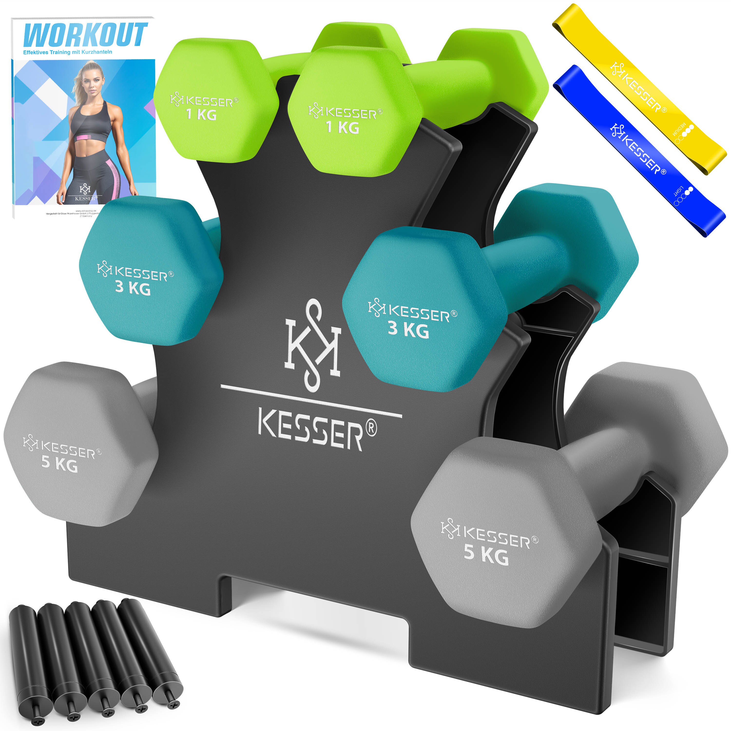 KESSER&reg; Hantel-Set, 3 Paar, 1kg - 5kg, 12kg oder 18kg kurzhanteln mit St&auml;nder Aufbewahrung, Fitnessstudio, Krafttraining, Hantelset rutschfeste Neopren, Mit &Uuml;bungsheft, 2x Fitnessb&auml;nder 