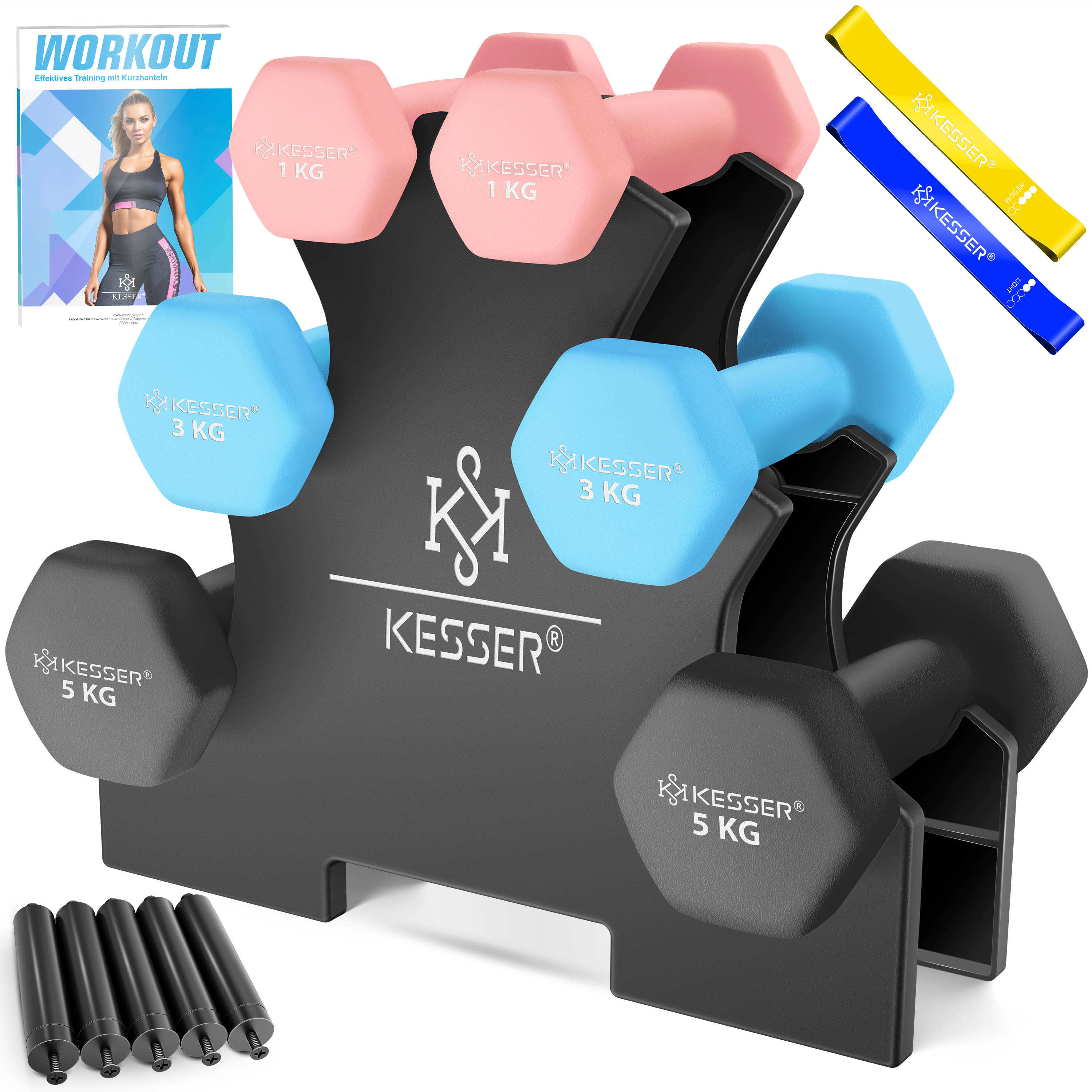 KESSER&reg; Hantel-Set, 3 Paar, 1kg - 5kg, 12kg oder 18kg kurzhanteln mit St&auml;nder Aufbewahrung, Fitnessstudio, Krafttraining, Hantelset rutschfeste Neopren, Mit &Uuml;bungsheft, 2x Fitnessb&auml;nder 