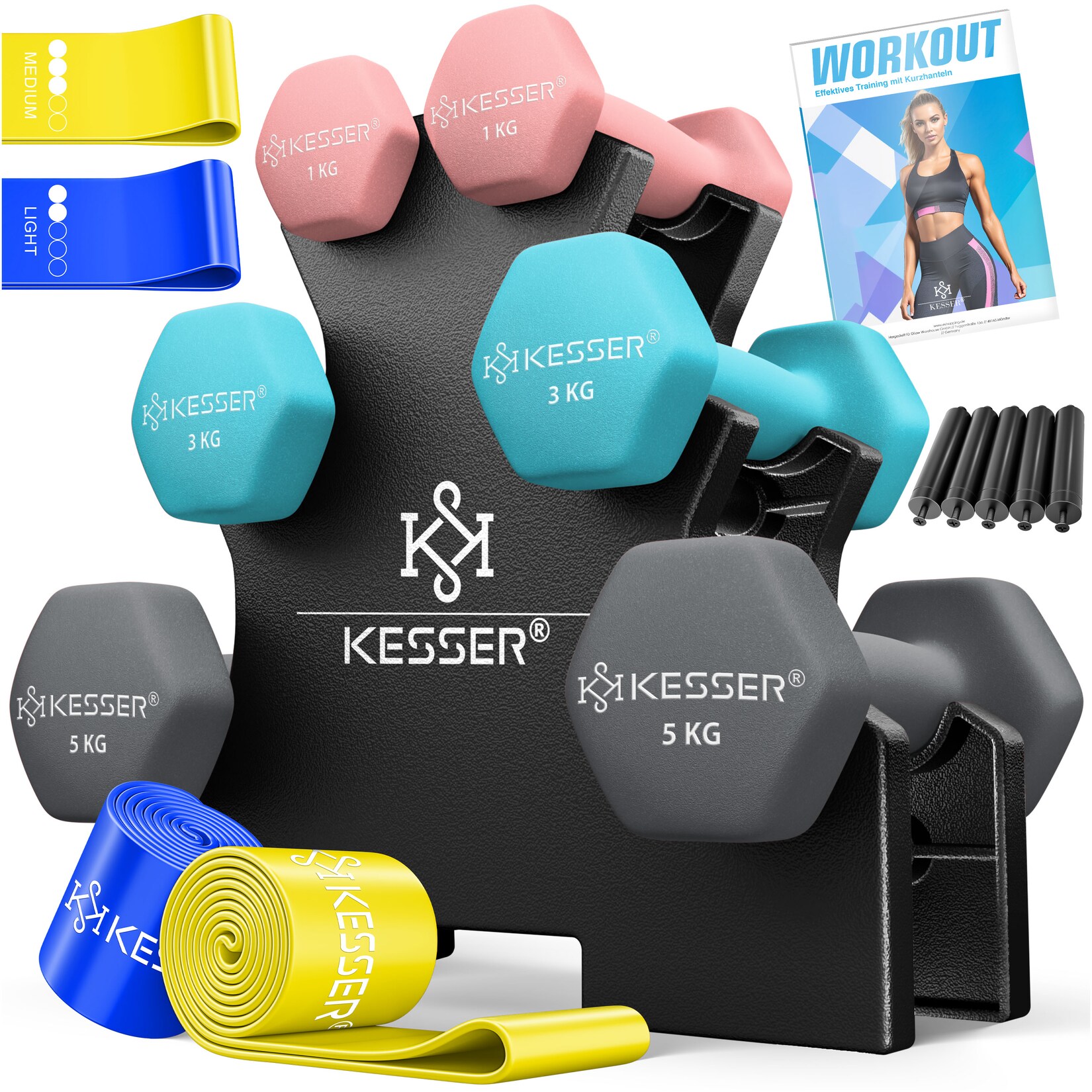 ® Hantel-Set, 3 Paar,  - 5kg, 12kg oder 18kg kurzhanteln mit Ständer Aufbewahrung, Fitnessstudio, Krafttraining, Hantelset rutschfeste Neopren, Mit Übungsheft, 2x Fitnessbänder