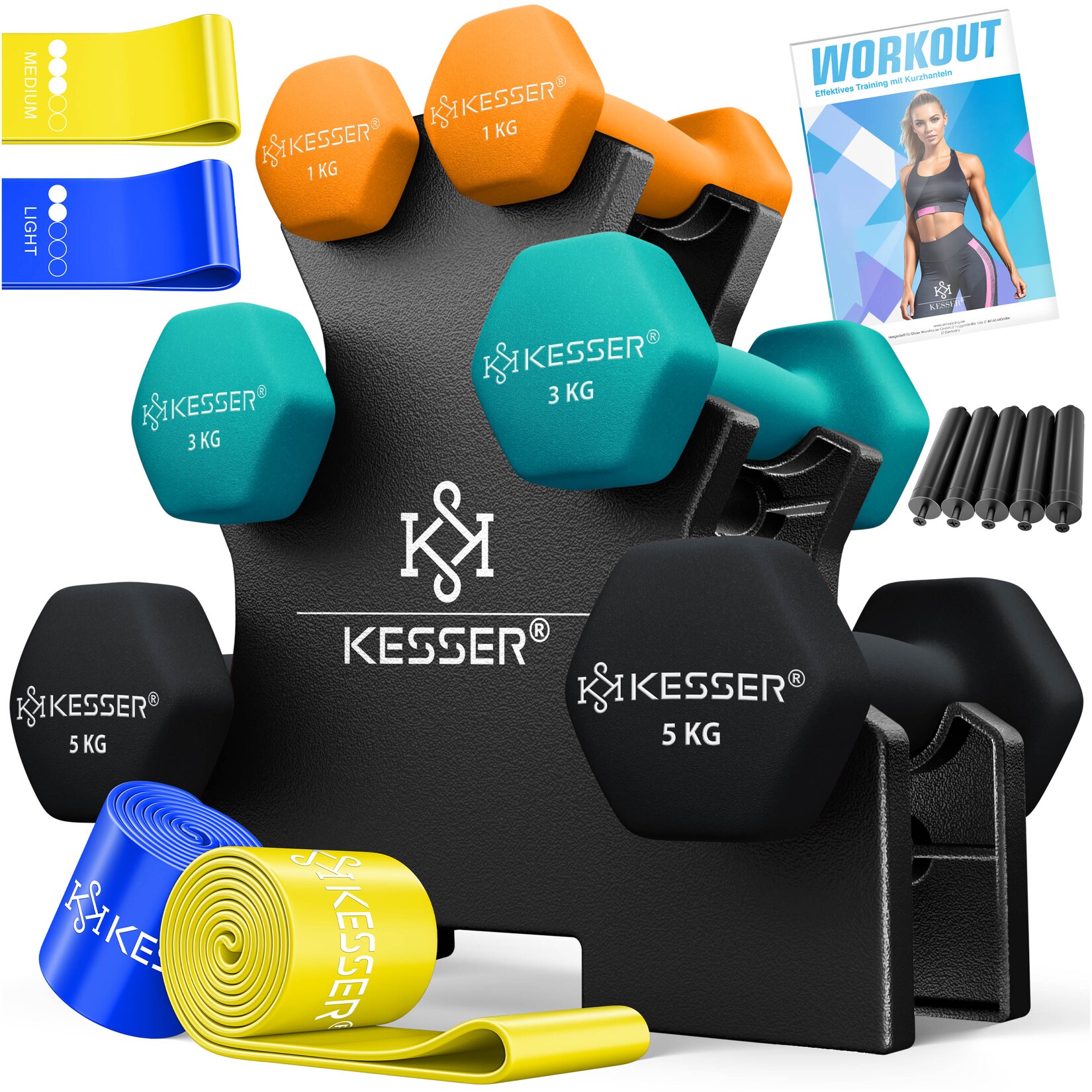 ® Hantel-Set, 3 Paar,  - 5kg, 12kg oder 18kg kurzhanteln mit Ständer Aufbewahrung, Fitnessstudio, Krafttraining, Hantelset rutschfeste Neopren, Mit Übungsheft, 2x Fitnessbänder
