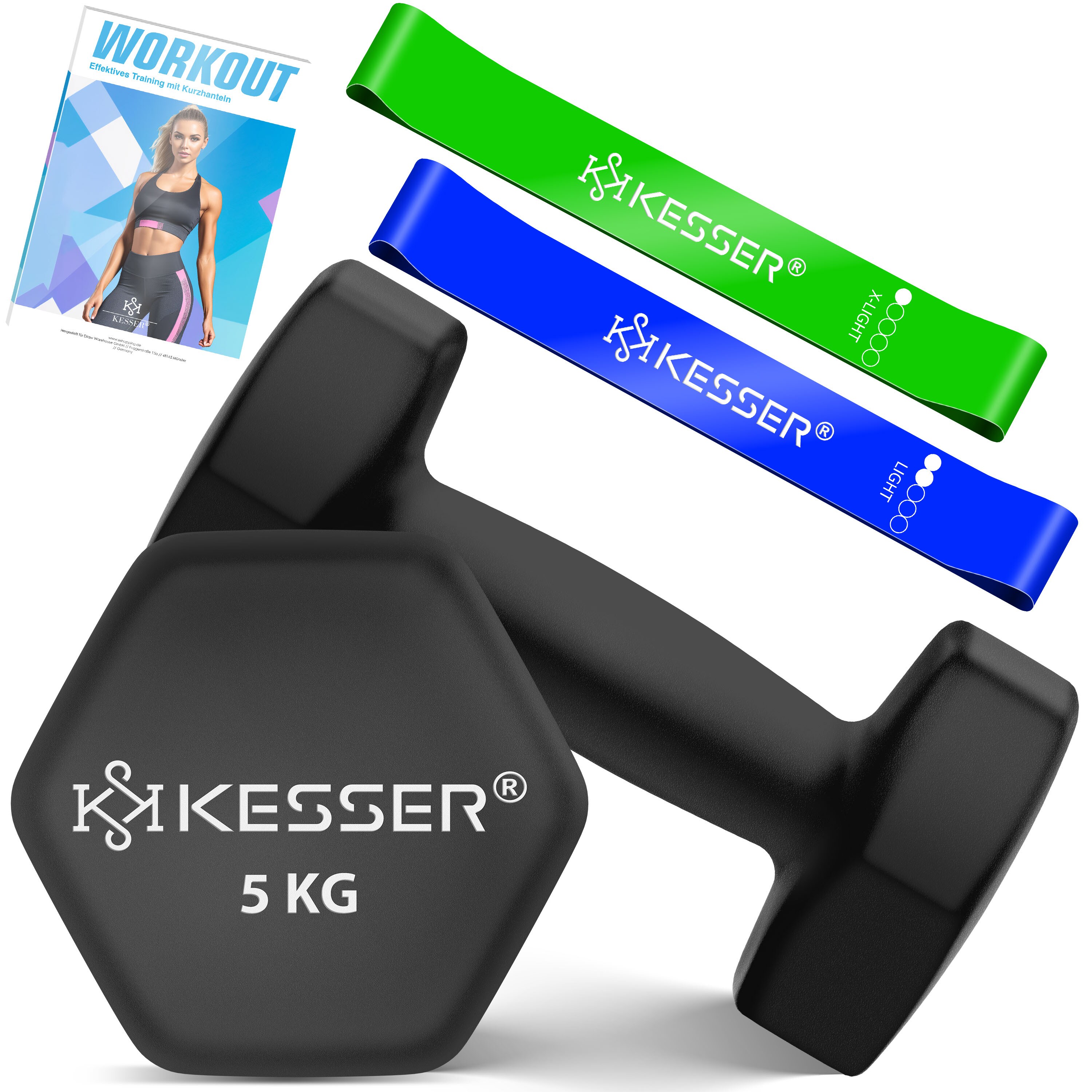 KESSER&reg; Hanteln Hantelset 2er Set  2kg - 5kg farbig, Kurzhanteln  Neopren, Hexagon, Krafttraining, Workout, Fitnesstraining, f&uuml;r Zuhause Mit &Uuml;bungsheft, 2x Fitnessb&auml;nder 