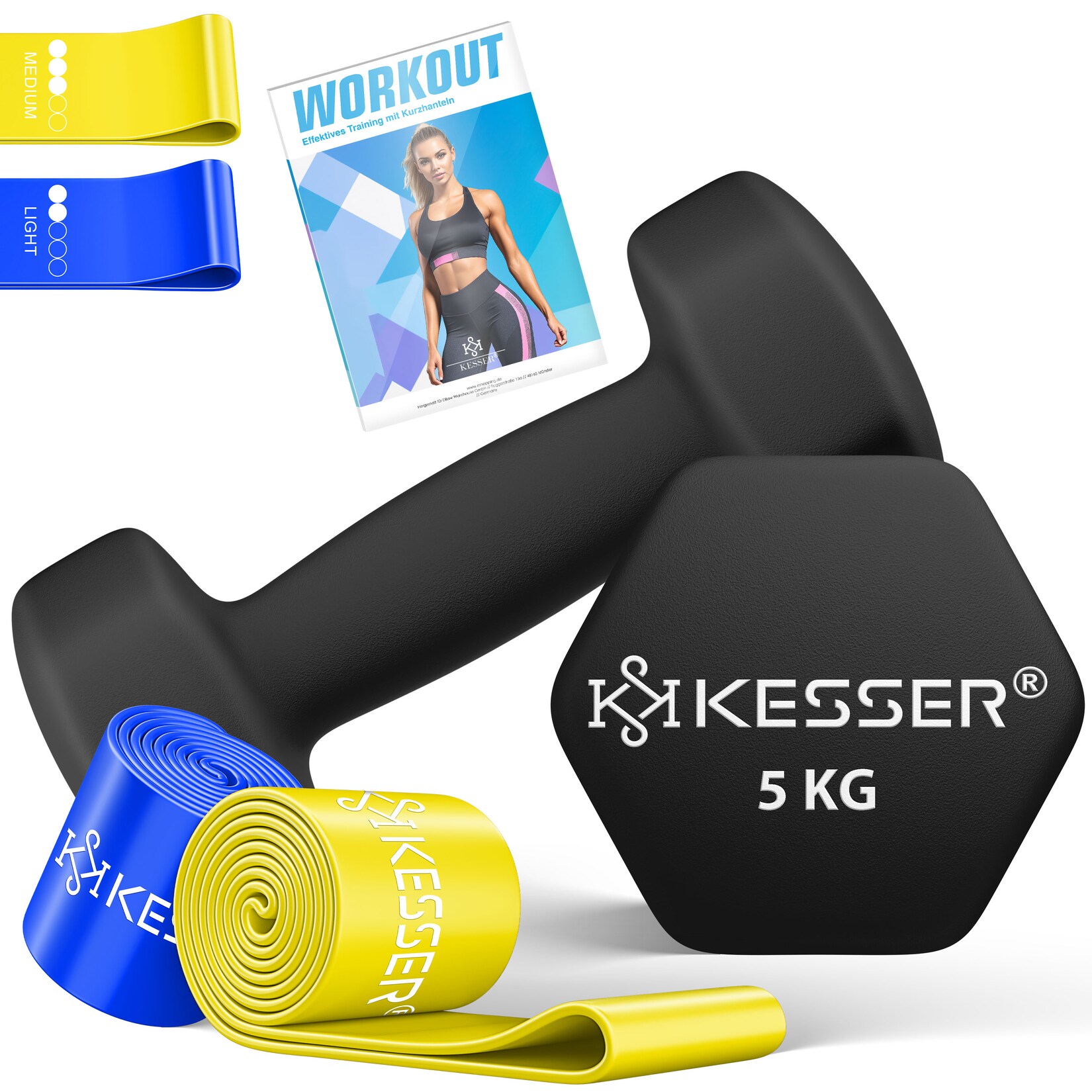 ® Hanteln Hantelset 2er Set   - 5kg farbig, Kurzhanteln  Neopren, Hexagon, Krafttraining, Workout, Fitnesstraining, für Zuhause Mit Übungsheft, 2x Fitnessbänder
