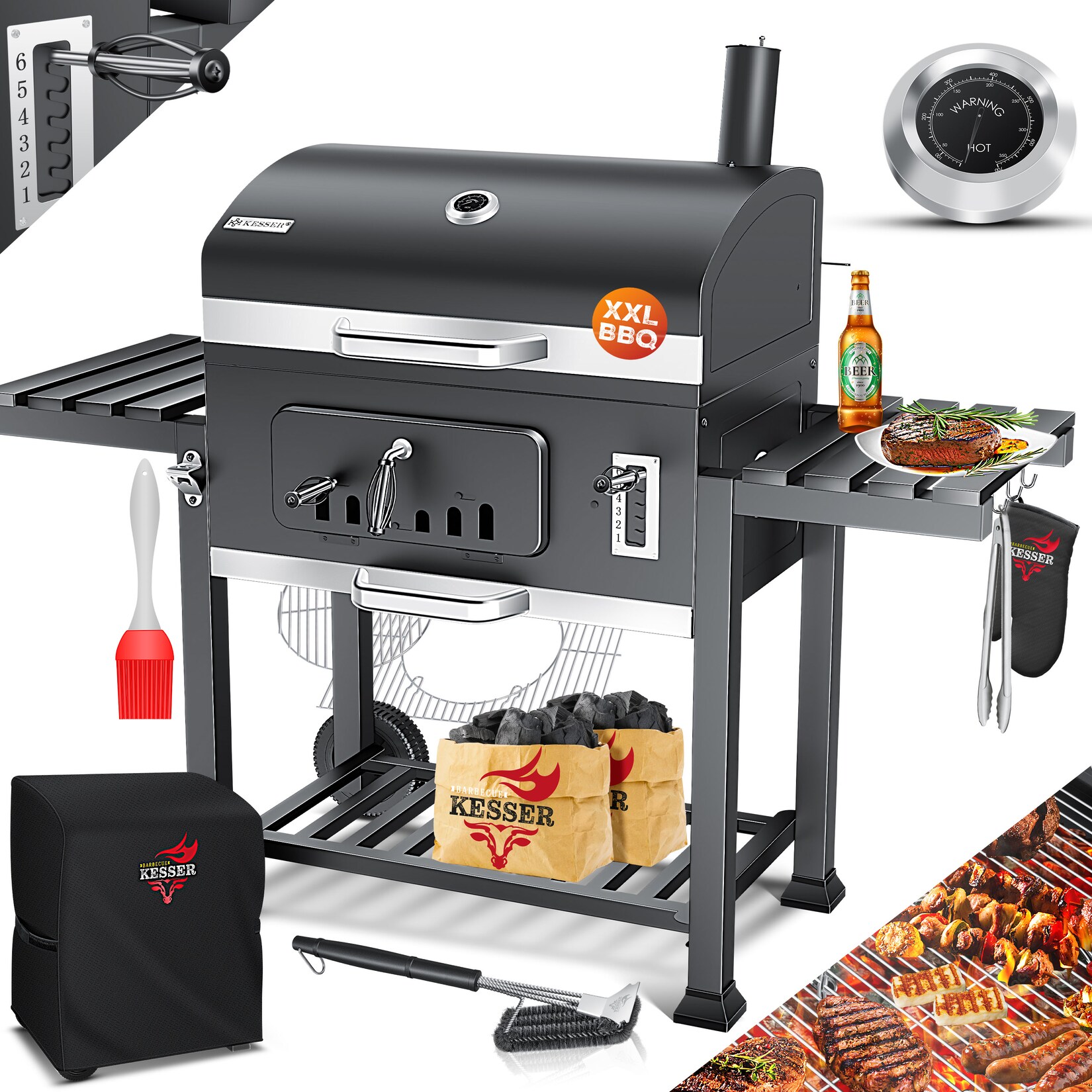 ® Grill Grillwagen XXL Holzkohlegrill mit Deckel, Rädern, Edelstahl-Griff, Grillrost und Thermometer Holzkohle kohlegrill Wagen groß Kohle BBQ Barbeque Camping, Terrasse, Garten