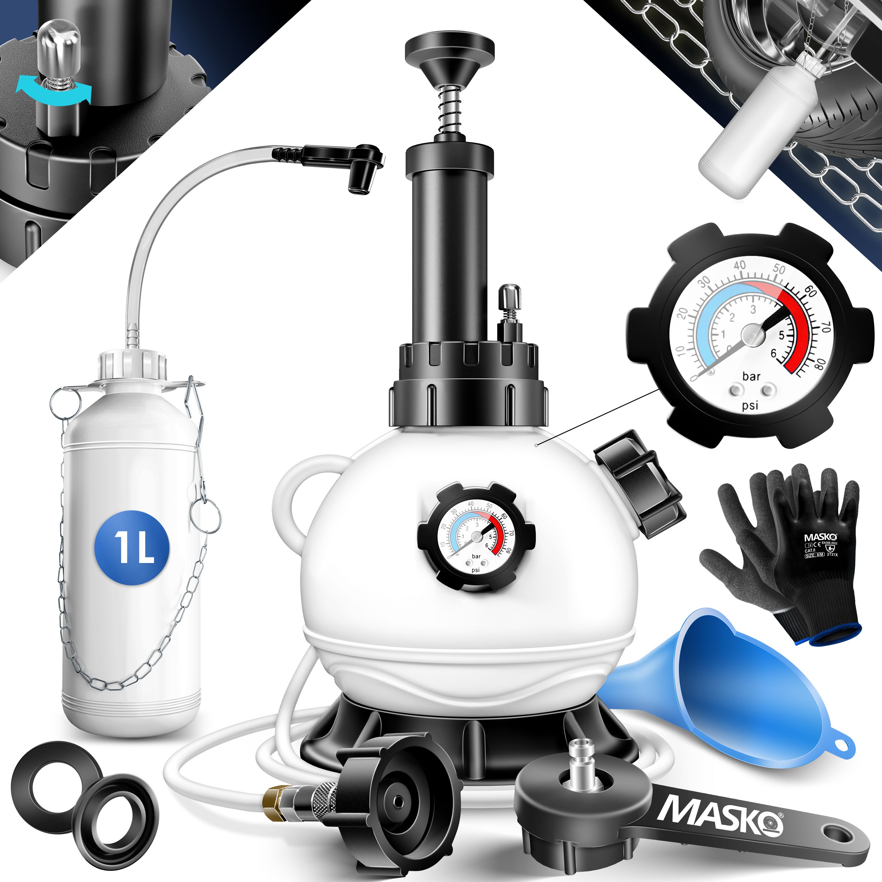 MASKO&reg; Bremsenentl&uuml;ftungsger&auml;t Auto Bremsentl&uuml;fter KFZ Bremsfl&uuml;ssigkeits-Wechselger&auml;t 3L f&uuml;r Scheibenbremsen & Trommelbremsen mit Handpumpe & 1L Absaugbeh&auml;lter f&uuml;r E20, Adapter, Schlauch & Zubeh&ouml;r 