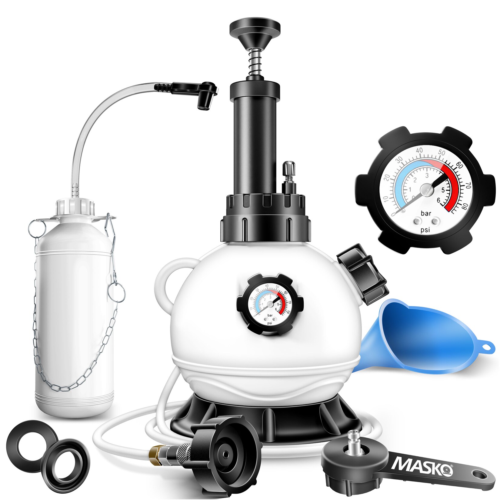 ® Bremsenentlüftungsgerät Auto Bremsentlüfter KFZ Bremsflüssigkeits-Wechselgerät  für Scheibenbremsen & Trommelbremsen mit Handpumpe & 1L Absaugbehälter für E20, Adapter, Schlauch & Zubehör