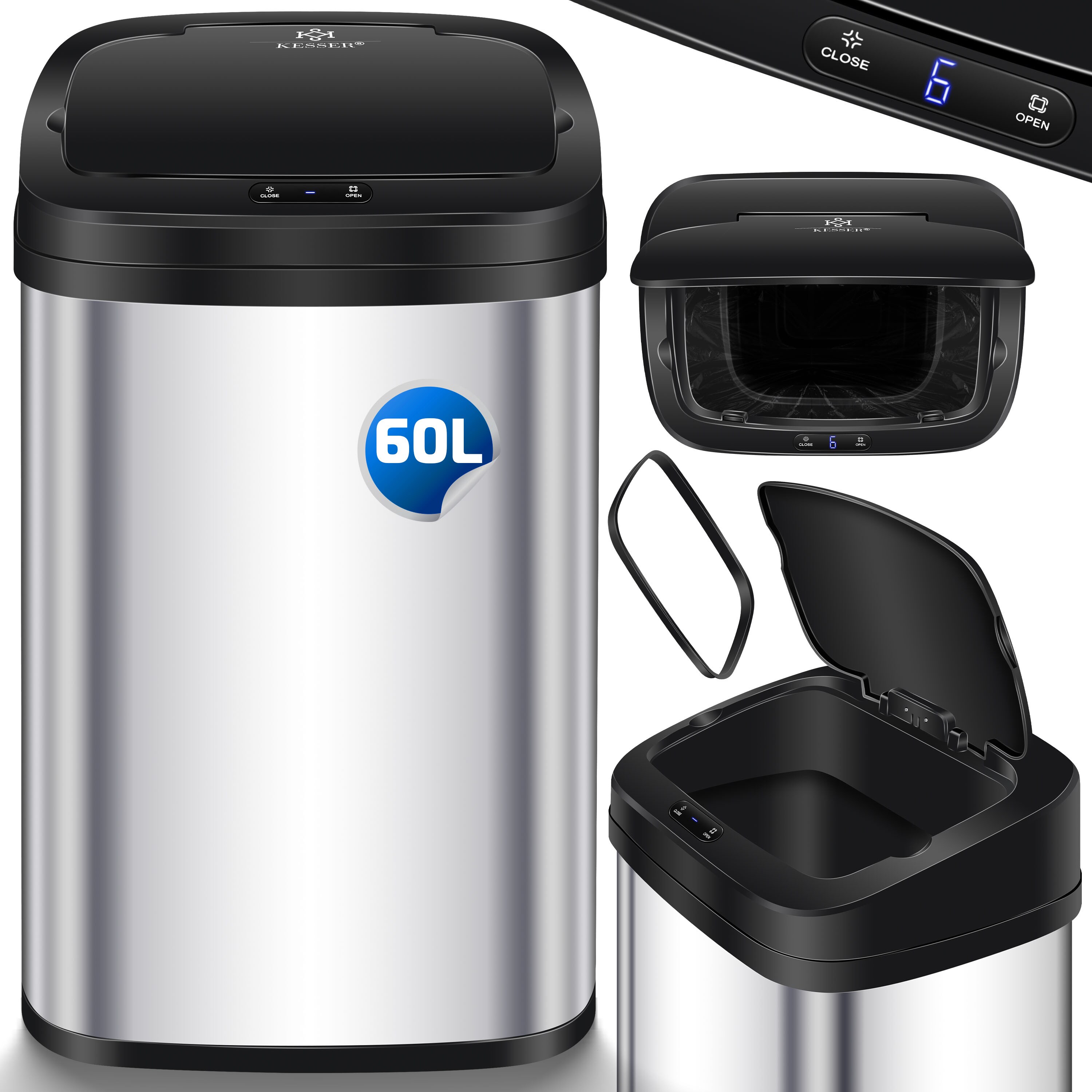 KESSER&reg; Sensor M&uuml;lleimer K&uuml;che | Automatik mit Bewegungssensor Abfalleimer & Soft-Close-Deckel | M&uuml;llbeh&auml;lter mit Touch-Bedienfeld & Sensor | LCD-Display | Edelstahl | inkl. M&uuml;llsackhalter 