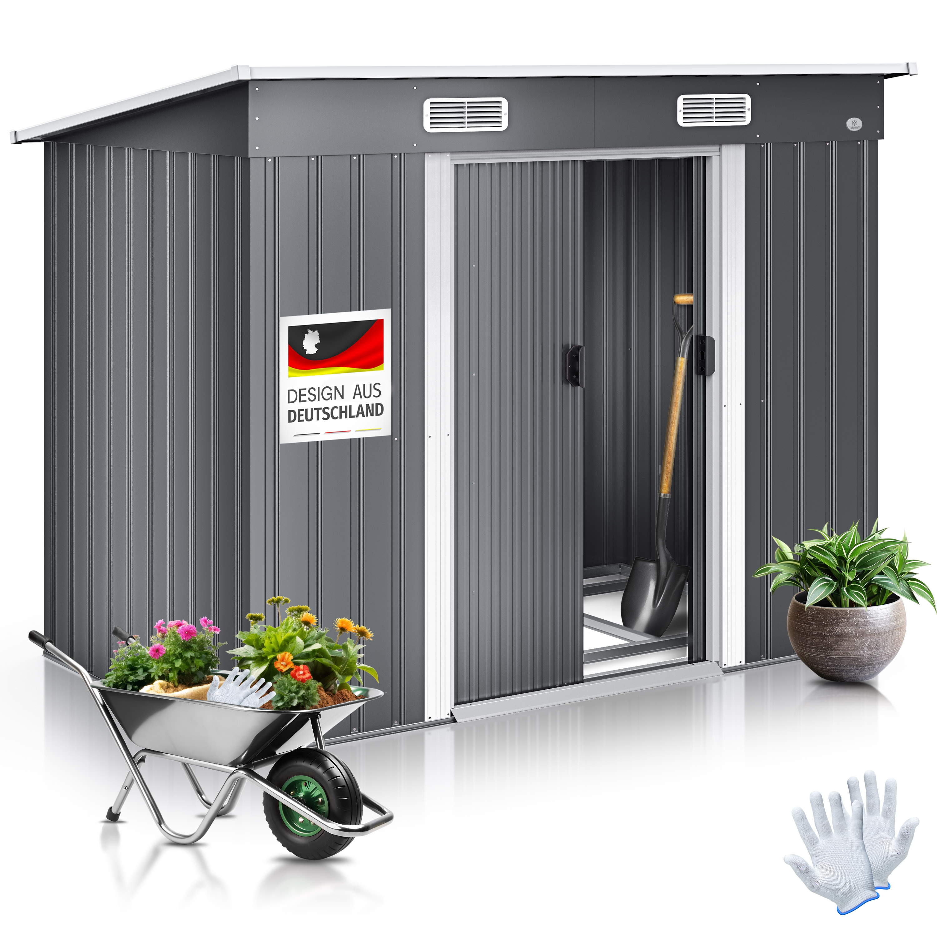 KESSER&reg; - Ger&auml;tehaus L Metall 4 m&sup3; mit Fundament | 210x122x186 cm | 2x Schiebet&uuml;r & Fundament | Ger&auml;teschuppen | Gartenhaus Schrank | Pultdach Garten Schuppen | Inkl. Arbeitshandschuhe 