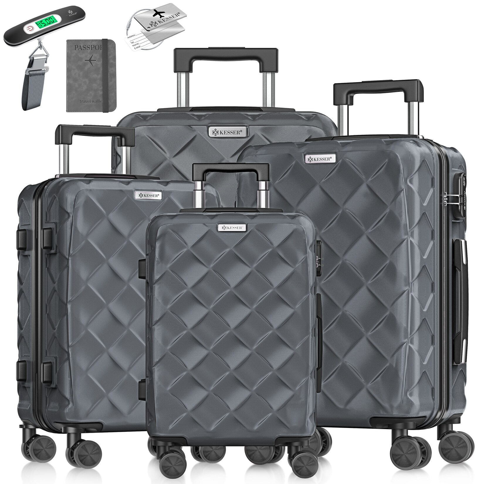 ® Reisekoffer Set 4-teilig   Kofferset ABS Hartschalenkoffer mit Zahlenschloss, Kofferwaage & Reisebrieftasche 360° Rollen   Handgepäck & große Koffer für Business & Reise Trolley